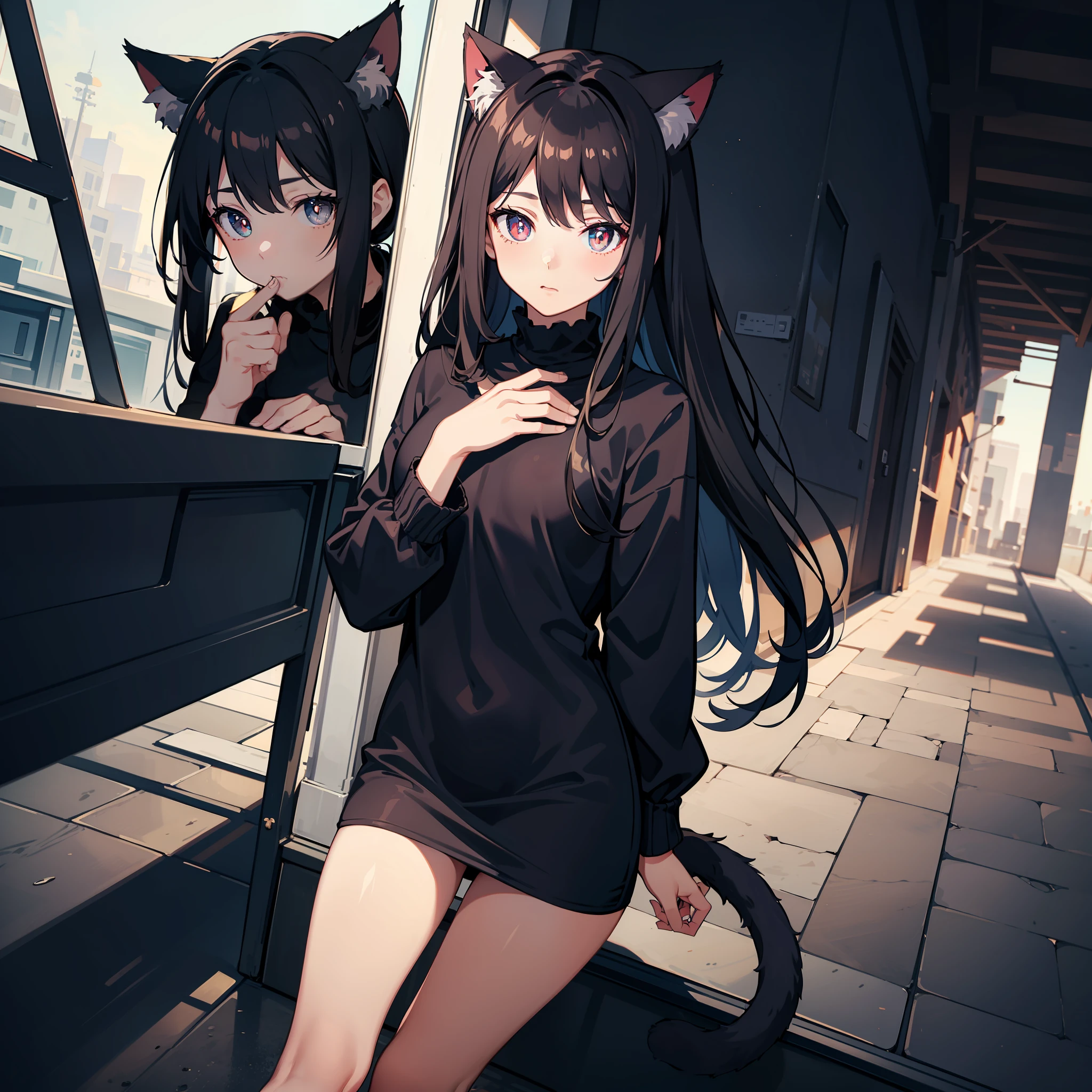 Wallpapers,4K,tmasterpiece,1girl,solo,Cat ears,a cat tail,Straight long dark blue hair,Brown pupils,A little immature,Nordic style clothes,Shy,adolable,
