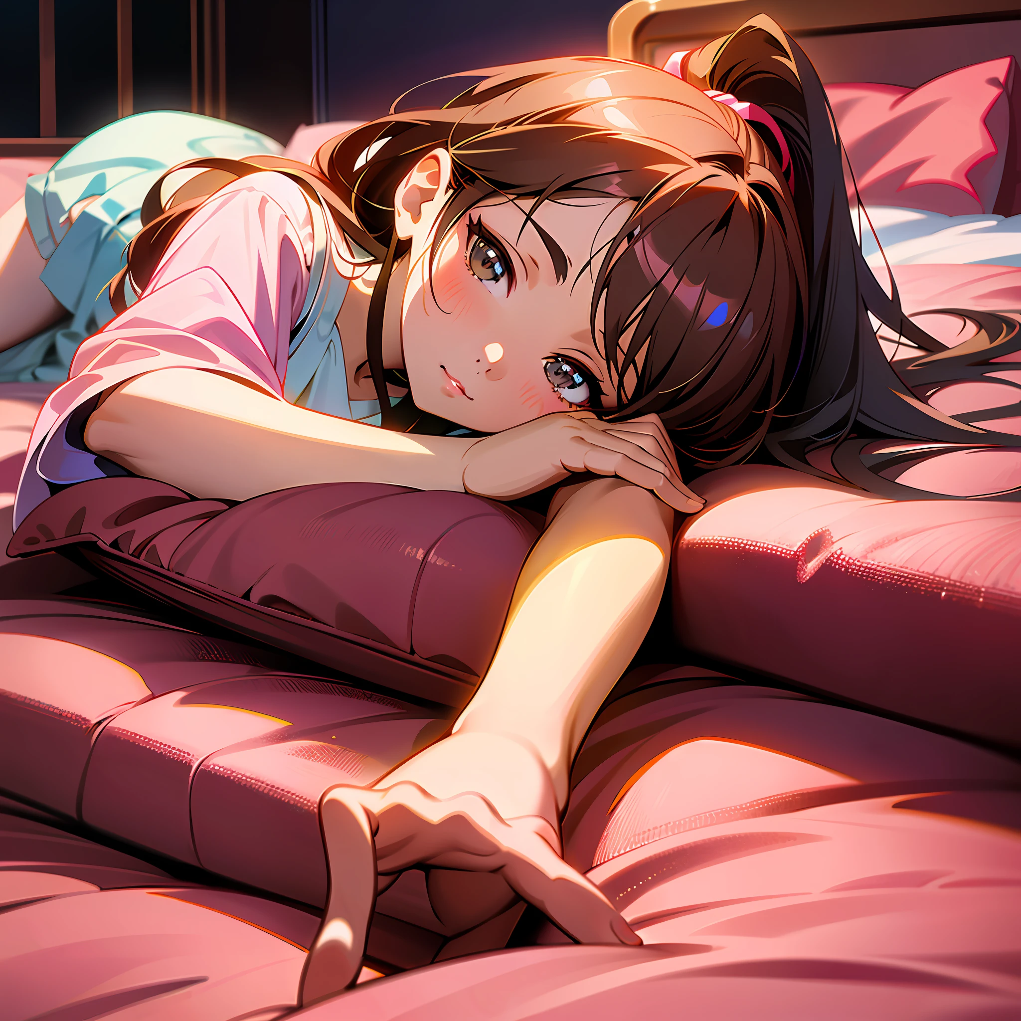 Anime girl laying on a bed with her head on a pillow - SeaArt AI