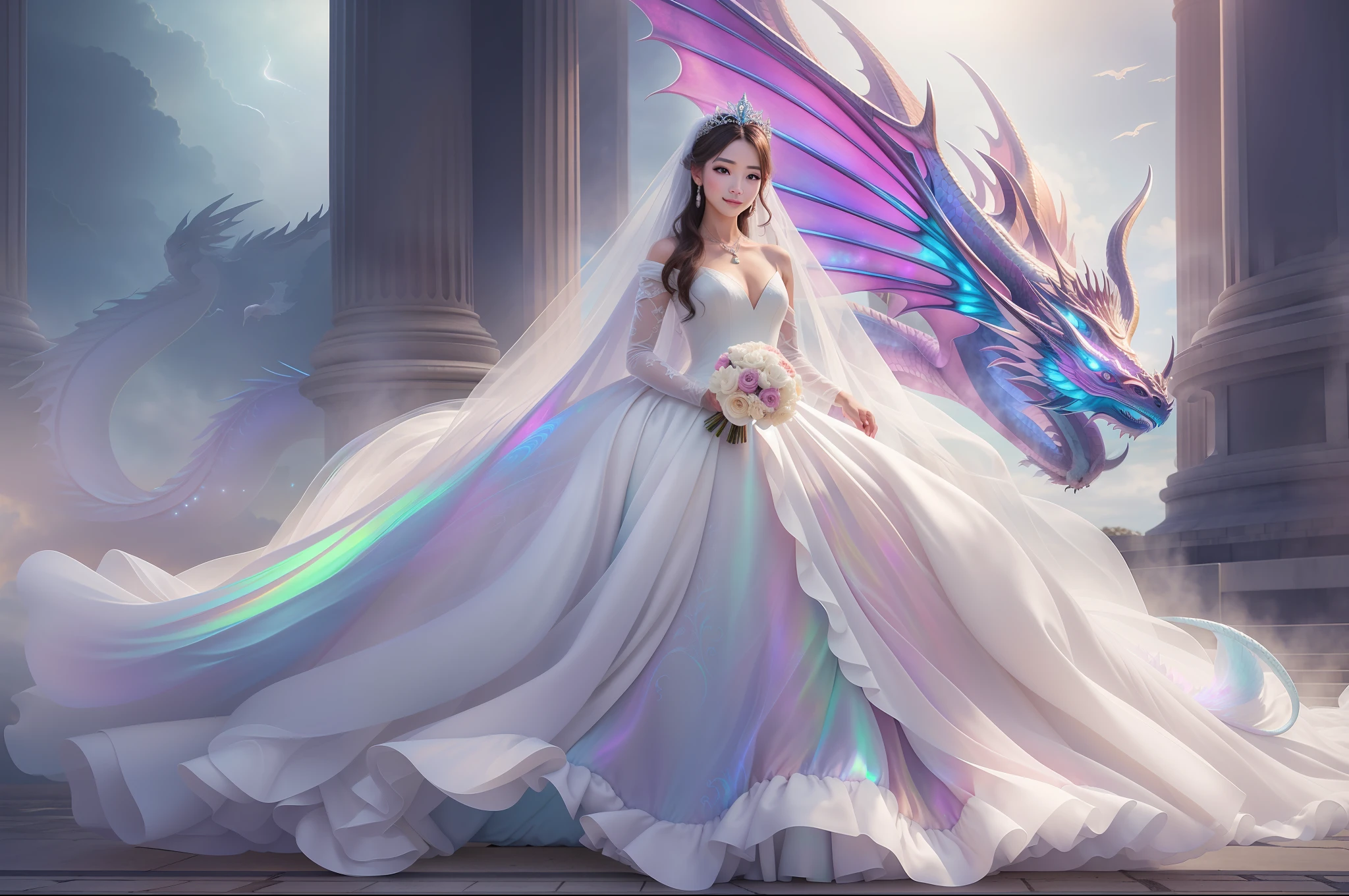 In the captivating image、  Elegant woman in wedding dress、Glide through the skies over a mythical dragon。When They Cross the Heavens、Her flowing gown and iridescent scales of a dragon are、Creates a mesmerizing vision of harmony and otherworldly beauty。
HDR、(photorealisim、Masterpiece quality、top-quality)、、pureerosface_v1、ulzzang -6500-v1.1、