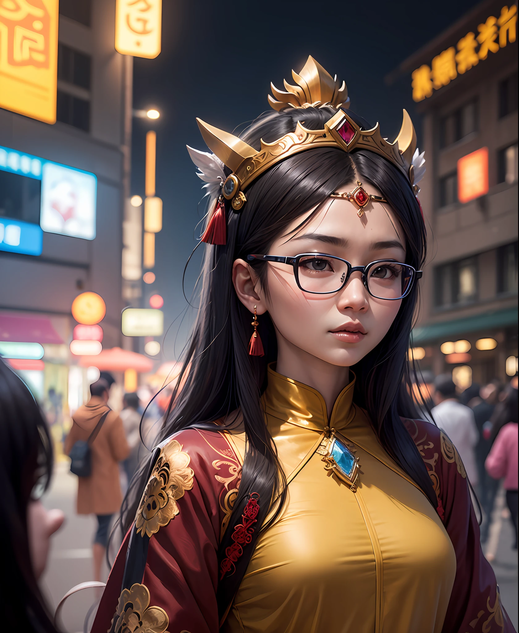 Araki woman in glasses and headdress outdoors at night, wenfei ye, a young woman as genghis khan, xision wu, xintong chen, chengyou liu, Lin Qifeng, wearing crystal fractal tiara, Zhang Wanting, wenjun lin, headshot profile picture, Li Zixin, inspired by Jin Nong, gongbi --auto