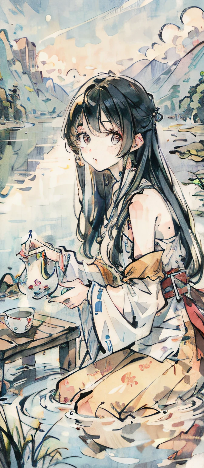 Masterpiece, Best Quality, Official Art, 8k Wallpaper, Very Detailed, Illustration, 1 Girl, Sky Blue Hair, Long Hair, Detailed Eyes, Forrest Gump, Bare Shoulders, Hanfu, Lake, Pure, Soft Smile, bamboo, tea