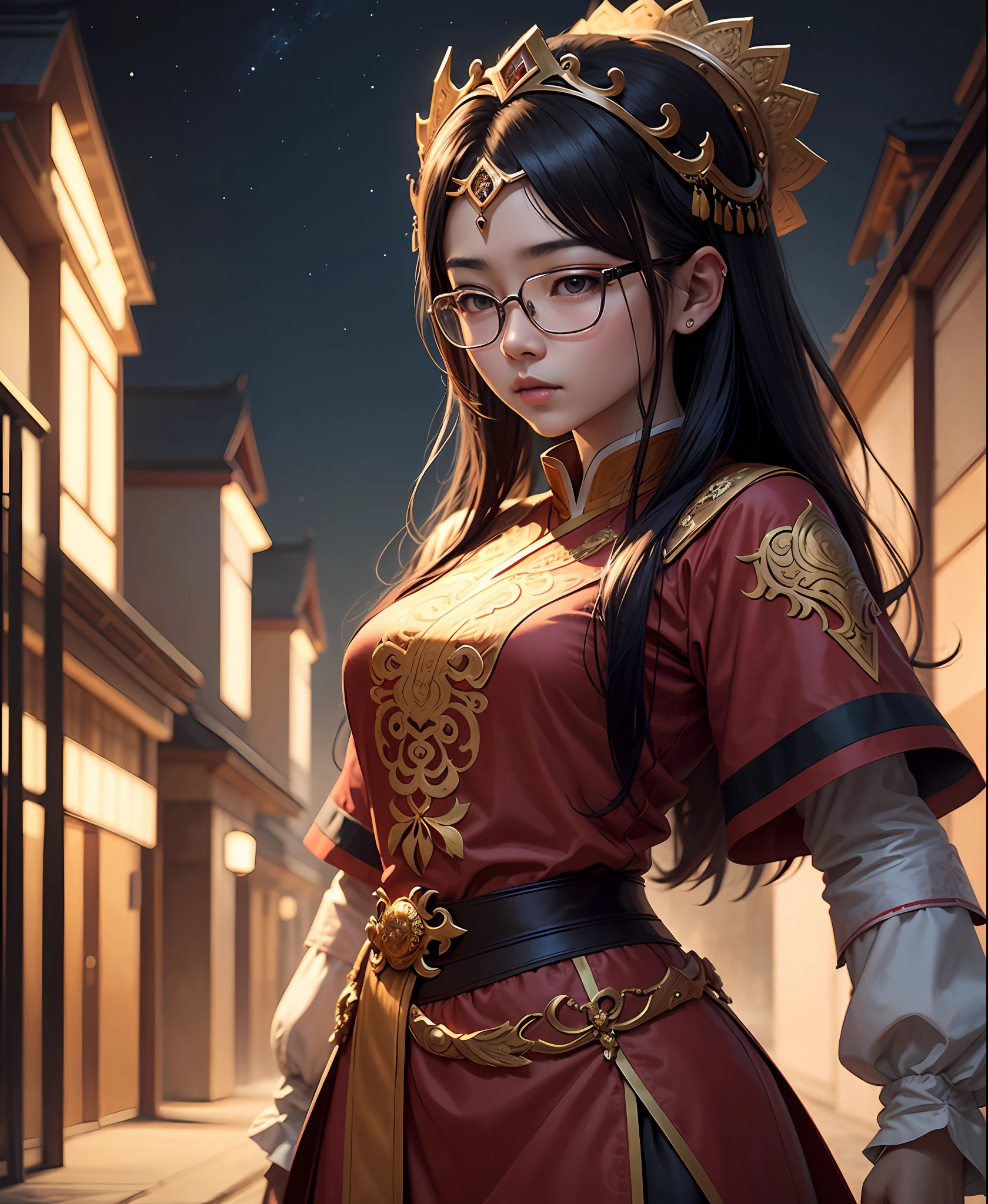 Araki woman in glasses and headdress outdoors at night, wenfei ye, a young woman as genghis khan, xision wu, xintong chen, chengyou liu, Lin Qifeng, wearing crystal fractal tiara, Zhang Wanting, wenjun lin, headshot profile picture, Li Zixin, inspired by Jin Nong, gongbi --auto