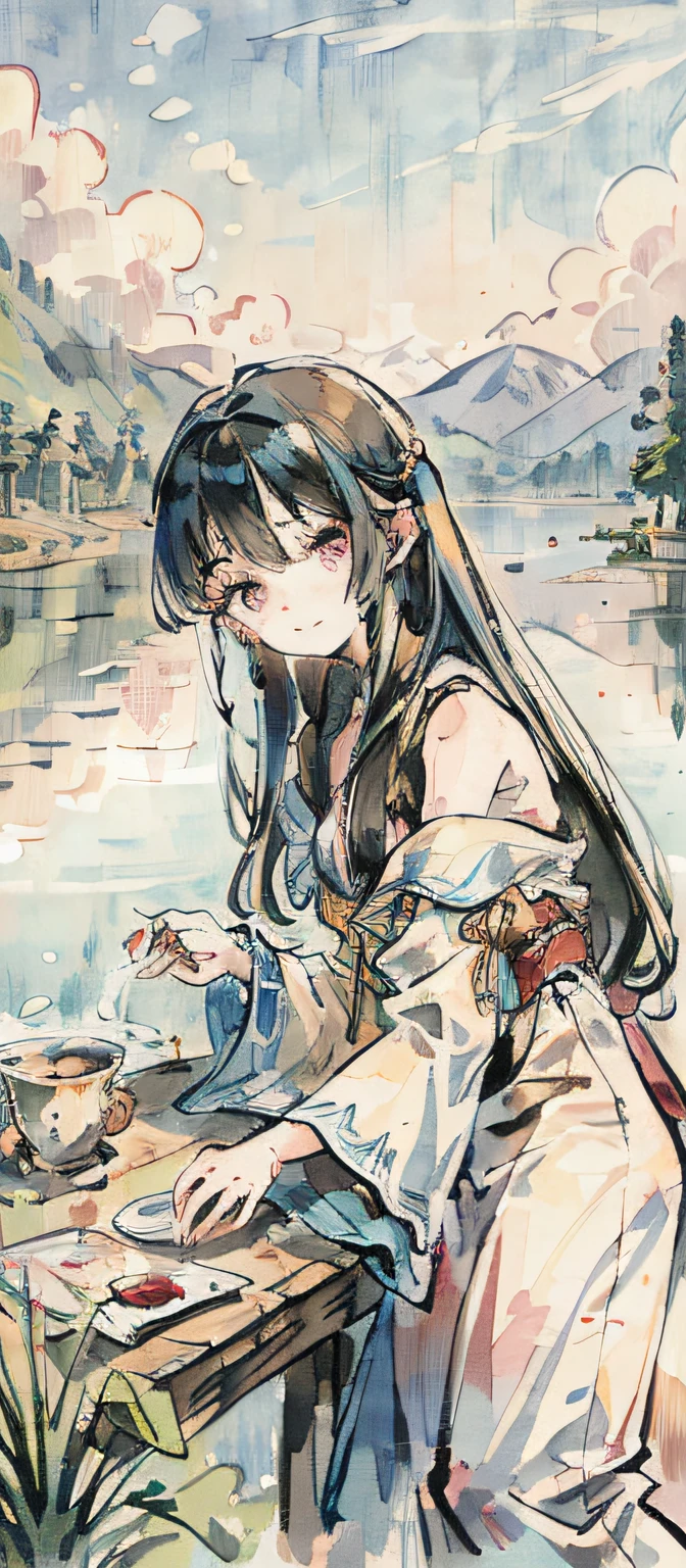 Masterpiece, Best Quality, Official Art, 8k Wallpaper, Very Detailed, Illustration, 1 Girl, Sky Blue Hair, Long Hair, Detailed Eyes, Forrest Gump, Bare Shoulders, Hanfu, Lake, Pure, Soft Smile, bamboo, tea