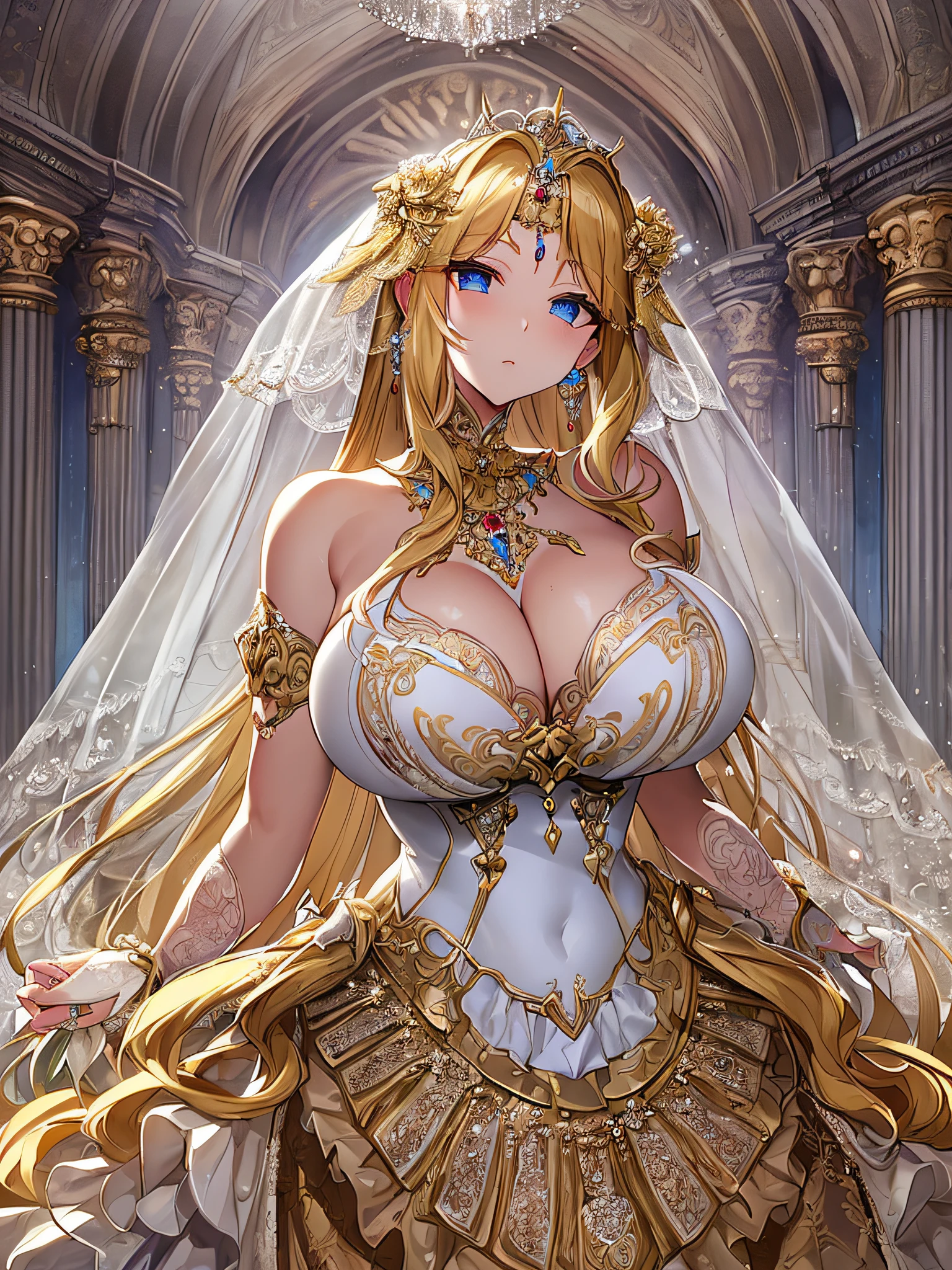 ((anime artstyle)),(Masterpiece),(Best Quality), (Super Detail),((Very Delicate and Beautiful)),Focus on character,Dynamic Angle,Looking at viewer,((Solo)),standing,((full body)),((one princess in gorgeous ball gown wedding dress with voluminous skirt)),((June bride)),detailed face and eyes,jewel-like eyes,((Very Long voluminous Hair)),gorgeous embroidery and lace,((gorgeous corsage)),See-through,(Gorgeous jewelry ornaments),luxury hair ornament,luxury tiara with jewels,ornate ruffles,((gigantic breasts,Long breasts)),indoor,church wedding,((full body)),hoop skirt,crinoline,very long wedding veil,(((fusion of jeweled wedding dress and gorgeous embroidery rococo ballgown))),