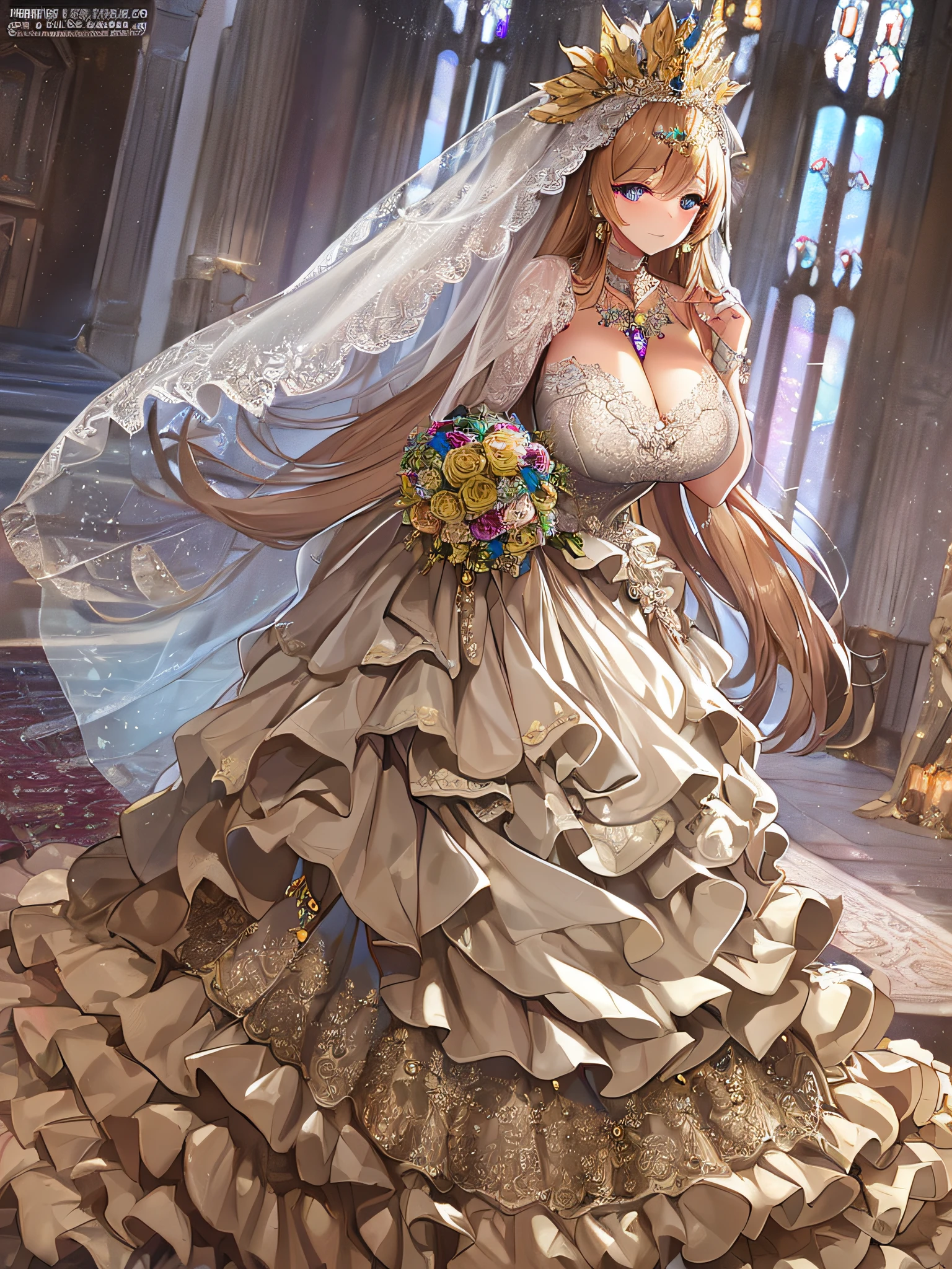((anime artstyle)),(Masterpiece),(Best Quality), (Super Detail),((Very Delicate and Beautiful)),Focus on character,Dynamic Angle,Looking at viewer,((Solo)),standing,((full body)),((one princess in gorgeous ball gown wedding dress with voluminous skirt)),((June bride)),detailed face and eyes,jewel-like eyes,((Very Long voluminous Hair)),gorgeous embroidery and lace,((gorgeous corsage)),See-through,(Gorgeous jewelry ornaments),luxury hair ornament,luxury tiara with jewels,ornate ruffles,((gigantic breasts,Long breasts)),indoor,church wedding,((full body)),hoop skirt,crinoline,very long wedding veil,(((fusion of jeweled wedding dress and gorgeous embroidery rococo ballgown))),