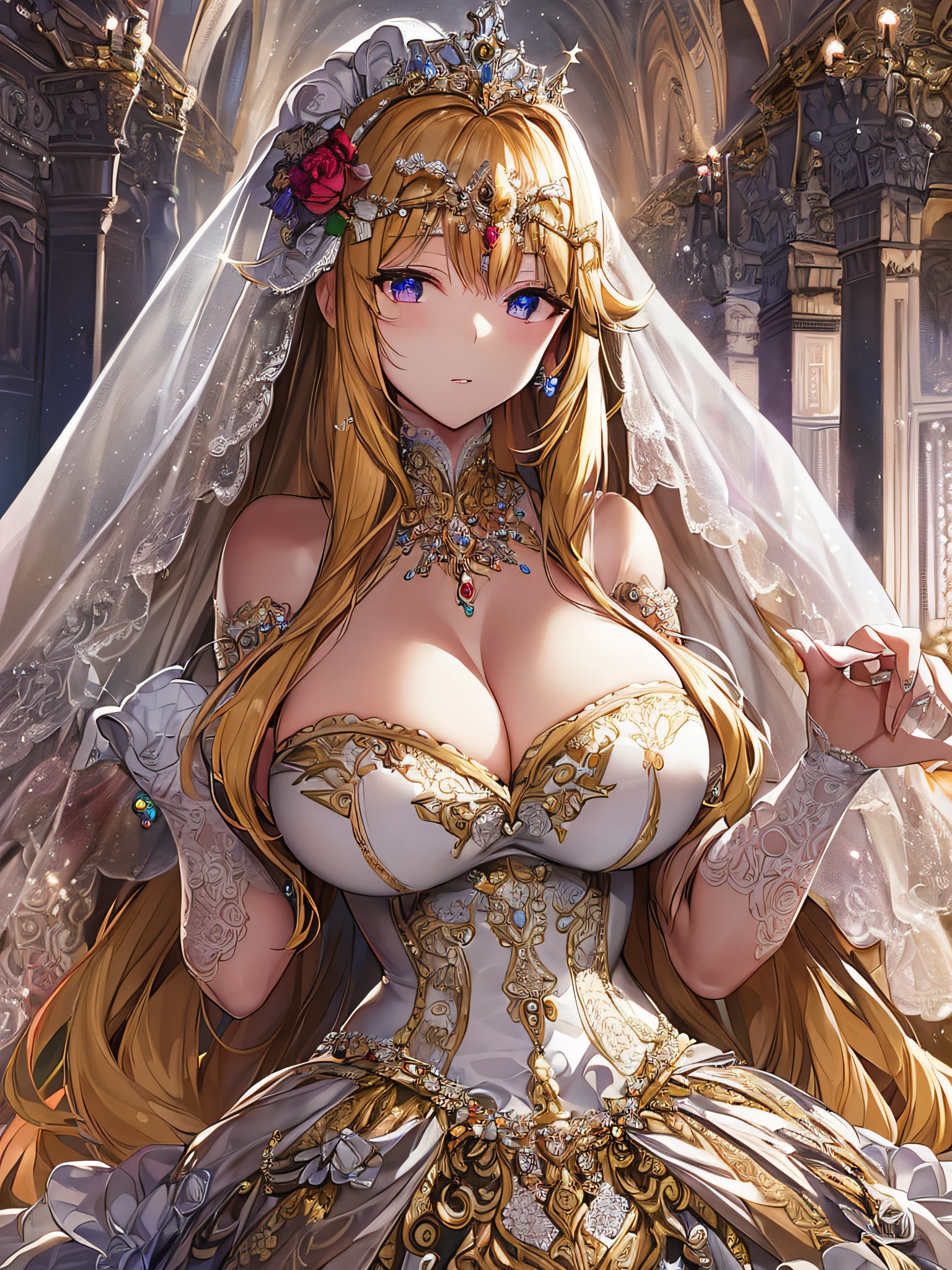 ((anime artstyle)),(Masterpiece),(Best Quality), (Super Detail),((Very Delicate and Beautiful)),Focus on character,Dynamic Angle,Looking at viewer,((Solo)),standing,((full body)),((one princess in gorgeous ball gown wedding dress with voluminous skirt)),((June bride)),detailed face and eyes,jewel-like eyes,((Very Long voluminous Hair)),gorgeous embroidery and lace,((gorgeous corsage)),See-through,(Gorgeous jewelry ornaments),luxury hair ornament,luxury tiara with jewels,ornate ruffles,((gigantic breasts,Long breasts)),indoor,church wedding,((full body)),hoop skirt,crinoline,very long wedding veil,(((fusion of jeweled wedding dress and gorgeous embroidery rococo ballgown))),