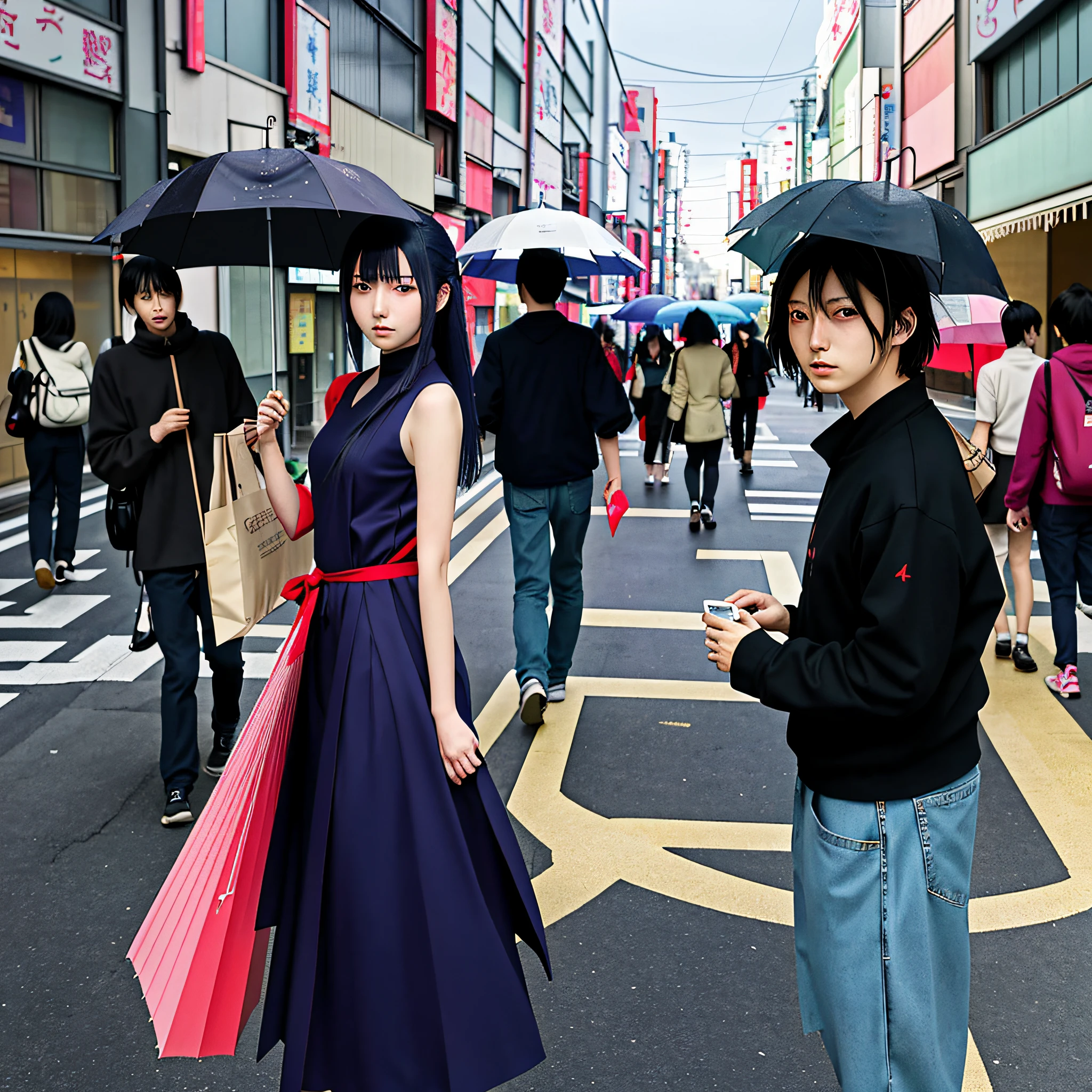 Anime characters walking on busy streets with umbrellas in the sun, tokyo anime anime scene, Guviz-style artwork, Anime style illustration, Digital anime illustration, author：Kikukawa Sakaeyama, in a city street, modern anime style, Makoto Shinkai e Tom Bagshaw, very modern anime style, style of anime4 K, anime styled digital art