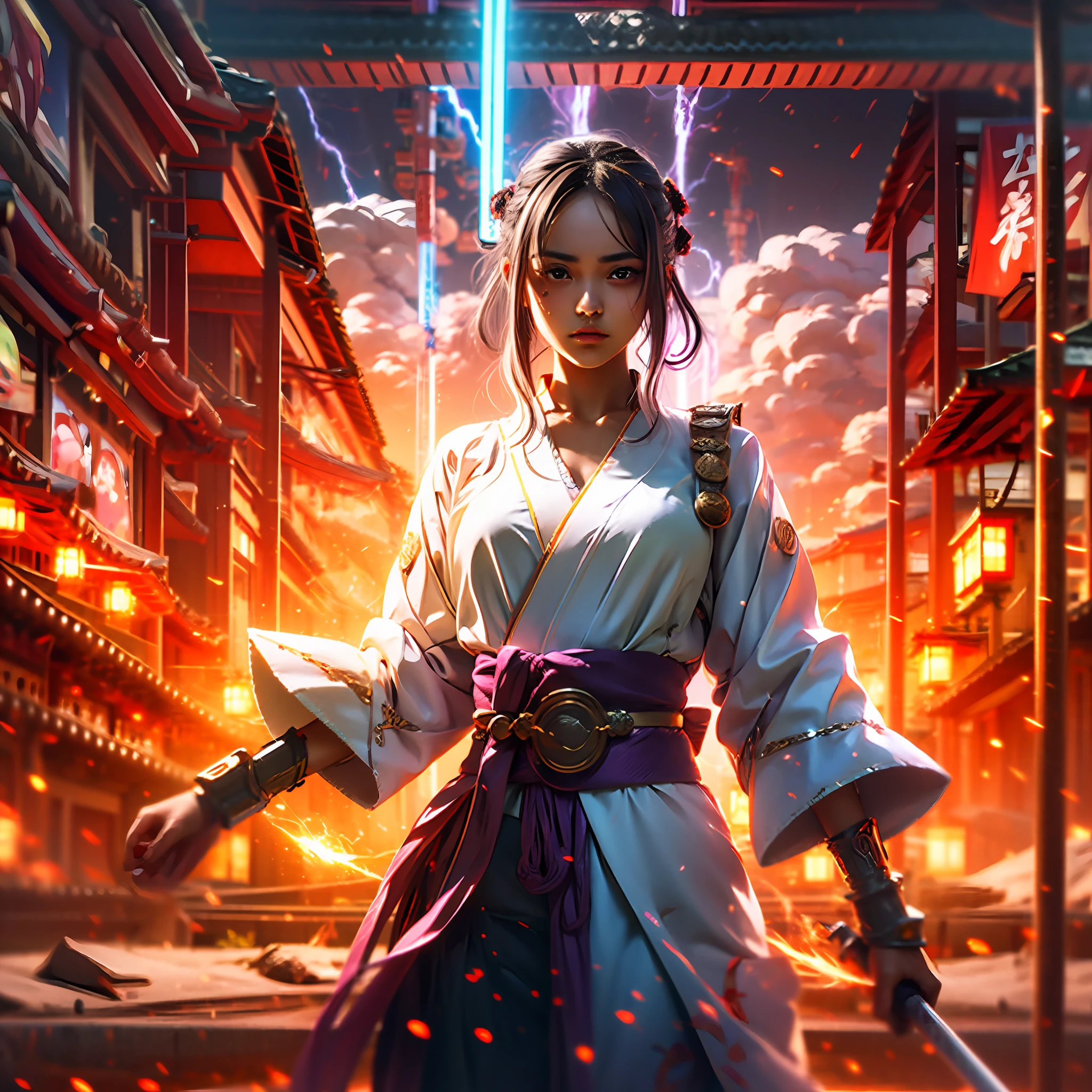 schoolgirls,Royal sister,Gorgeous Hair in Long Purple,Has the ability to control lightning,Japanese purple clothing,Genshin character,Loved sweets,Otaku girl,Shy,overbearing,Powerful,4k,Purple eye,long hair flowing,Draw your sword in the chest,The sword was surrounded by lightning,Looking towards us,A look of contempt,Big chest,dark stormy clouds,The body is covered with thunder and lightning,Purple hilt,Bust photo,Cool clothing,Side Body,Naked,It didn't rain,Black clouds are wrapped around a few thunderbolts,vred --auto
