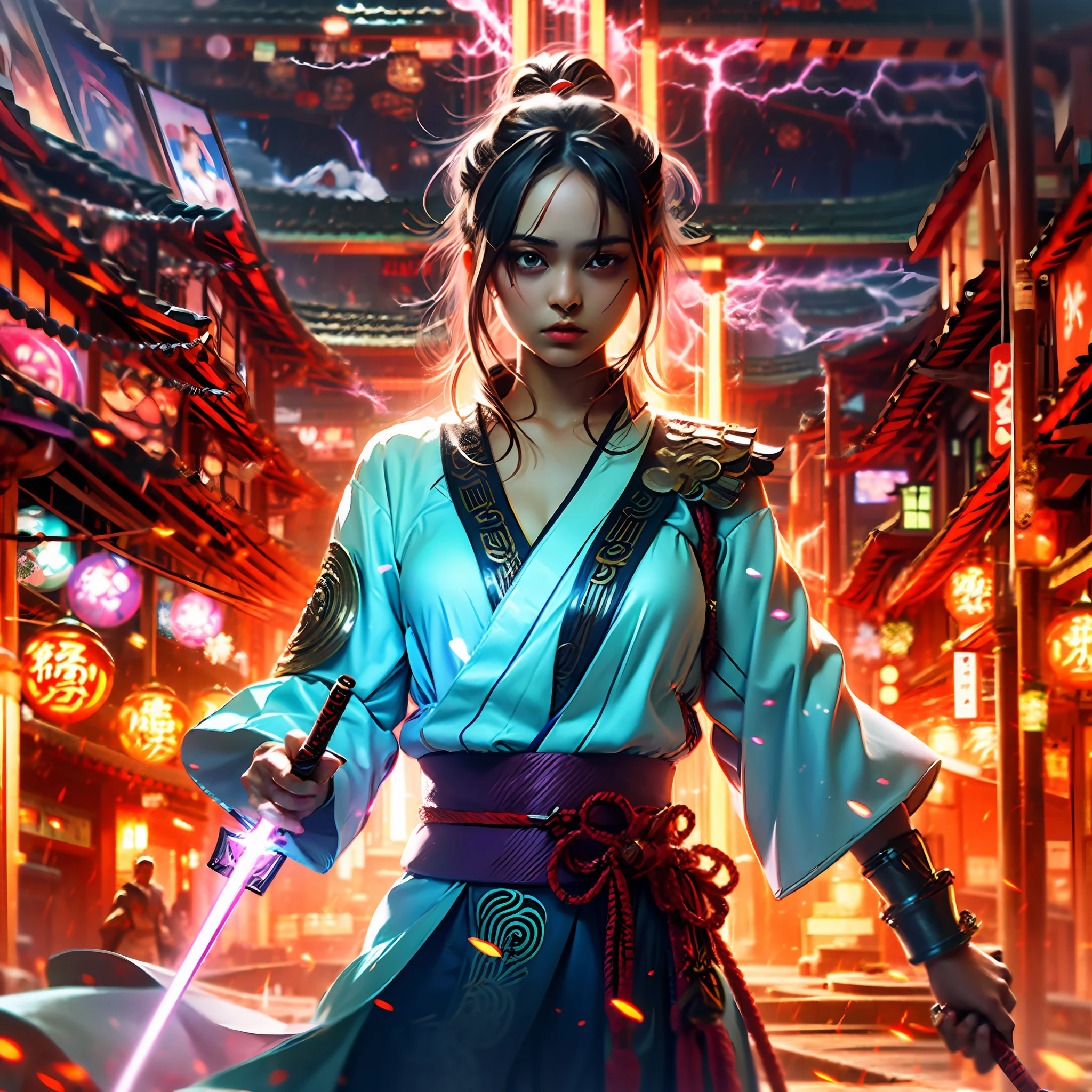 schoolgirls，Royal sister，Gorgeous Hair in Long Purple，Has the ability to control lightning，Japanese purple clothing，Genshin character，Loved sweets，Otaku girl，Shy，overbearing，Powerful，4k，Purple eye，long hair flowing，Draw your sword in the chest，The sword was surrounded by lightning，Looking towards us，A look of contempt，Big chest，dark stormy clouds，The body is covered with thunder and lightning，Purple hilt，Bust photo，Cool clothing，Side Body，Naked，It didn't rain，Black clouds are wrapped around a few thunderbolts，vred --auto