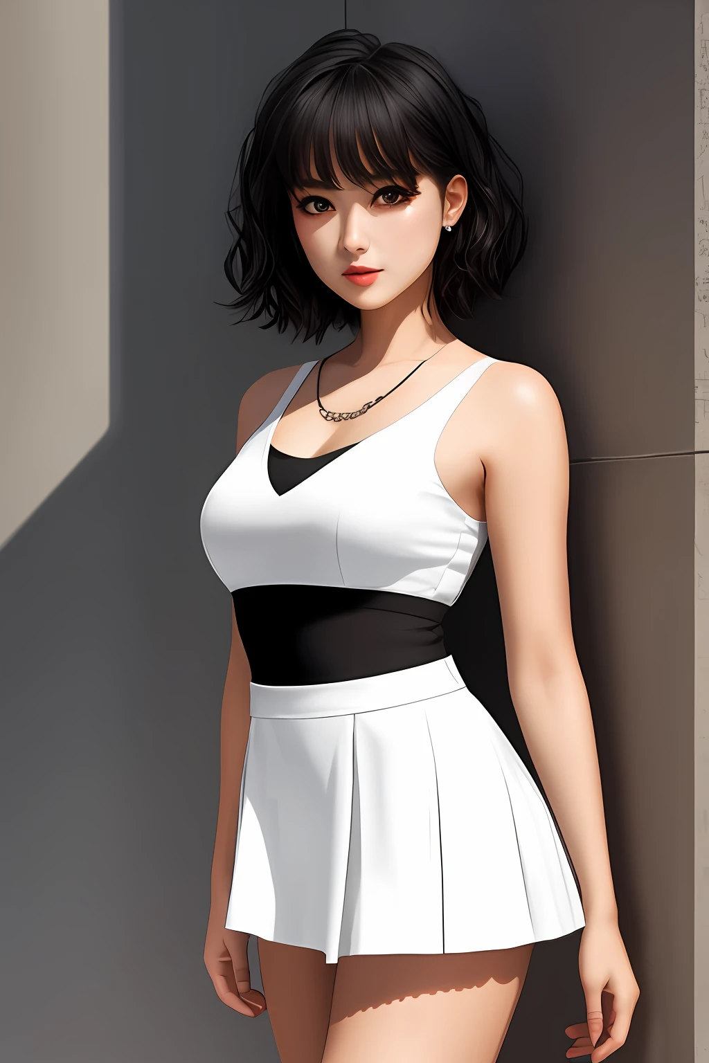 shiny skins, perspired:1.4), absurderes, looking at viewert, with short black hair, with brown eye,slenderness,Dynamic light and shadow,A high resolution,Sharp focus,depth of fields,The eyes are delicate,Sharp pupils,pupil realistic,(Bigchest)(Thigh thick:1.0),Knee 90 degree white mini skirt portrait of fantasy woman with realistic illustrations