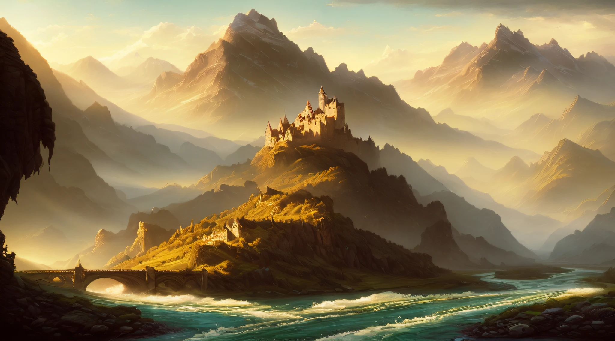 ((masterpeice)) ((realistic photo of landscape)) photo of a river running through a valley with mountains in the background, distant valley, fantasy landscape, detailed soft, high fantasy landscape, dnd, landscape, mountainscape, detailed matte fantasy, , fantasy scenic, flowing hills, rocky mountains and a river, wlop and rhads, castle in the background, ships on the river, explorer on the rock, art station, digital art, alps, ((castle in the background)) blues, greens, grays,