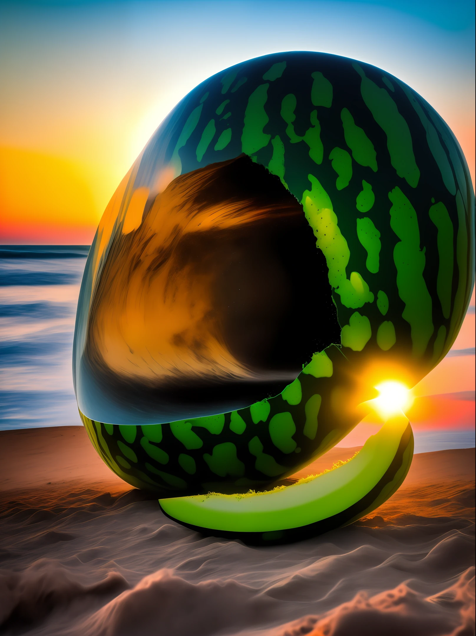 beachside,sunraise,comets,spaceship,extraterrestial,black hole,Half a watermelon