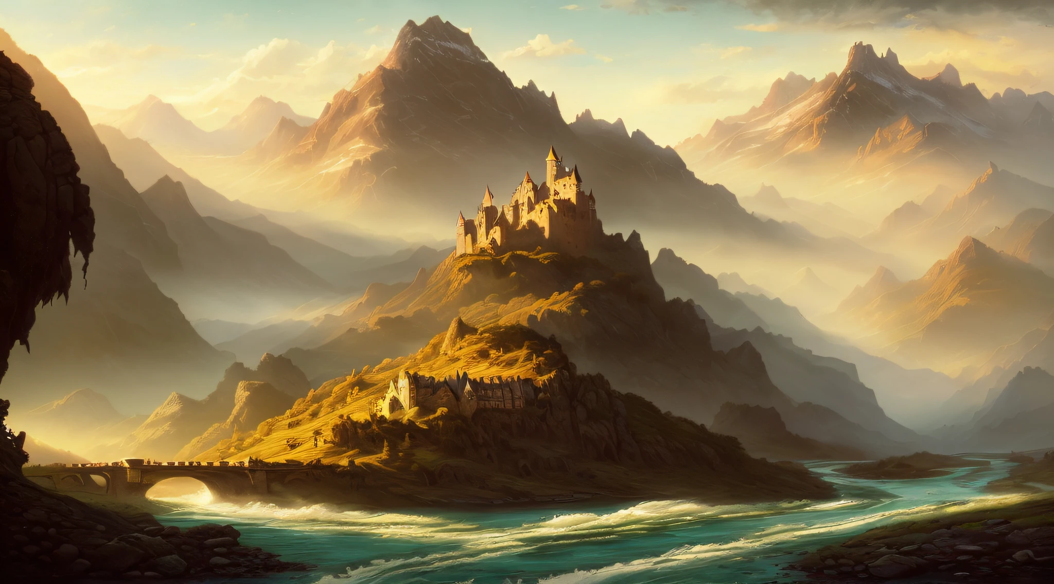 ((masterpeice)) ((realistic photo of landscape)) photo of a river running through a valley with mountains in the background, distant valley, fantasy landscape, detailed soft, high fantasy landscape, dnd, landscape, mountainscape, detailed matte fantasy, , fantasy scenic, flowing hills, rocky mountains and a river, wlop and rhads, castle in the background, ships on the river, explorer on the rock, art station, digital art, alps, ((castle in the background)) blues, greens, grays,