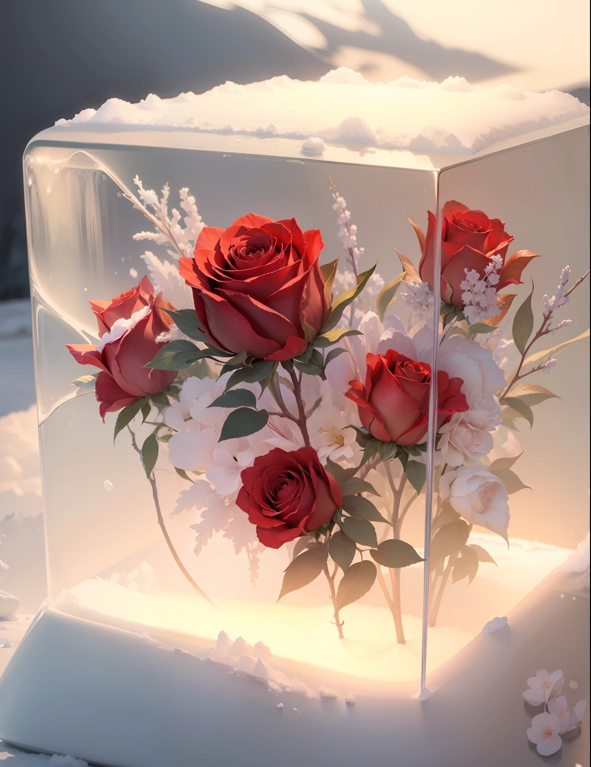 offcial art，统一 8k 壁纸，ultra - detailed，Beauty and aesthetics，big breasts beautiful，tmasterpiece，Best quality at best，The color is bright，Roses frozen in ice，Best quality，romanticism lain --auto