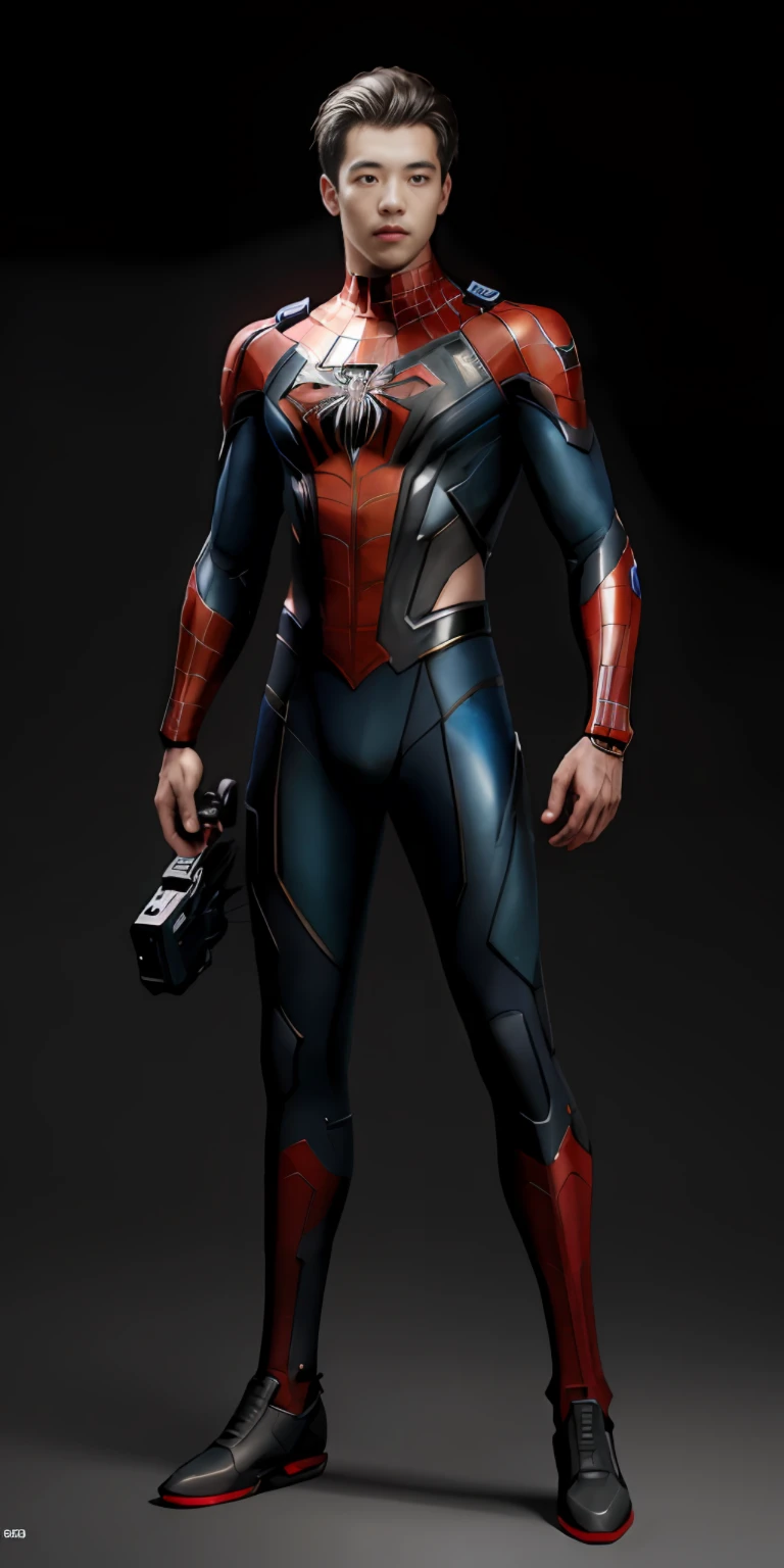 (1boy:1.3), solo, ((very detailed face)))), ((very detailed eyes and face)))), beautiful detail eyes, body parts__, full body, full body, official art, unified 8k wallpaper, super detailed, beautiful and beautiful, beautiful, masterpiece, best quality, original, masterpiece, super fine photo, best quality, super high resolution, realistic realism, sunlight, full body portrait, amazing handsome, dynamic pose, delicate face, vibrant eyes, (from the front), wearing Spider-Man suit, red and black color scheme, solid green background, detailed face, messy, gorgeous, highly detailed skin, realistic skin details, clear focus, 8k UHD, DSLR, high quality, film grain, fair skin, photo realism, lomography, translucent, (cyberpunk: 1.2), (semi-mechanical body: 1.2)