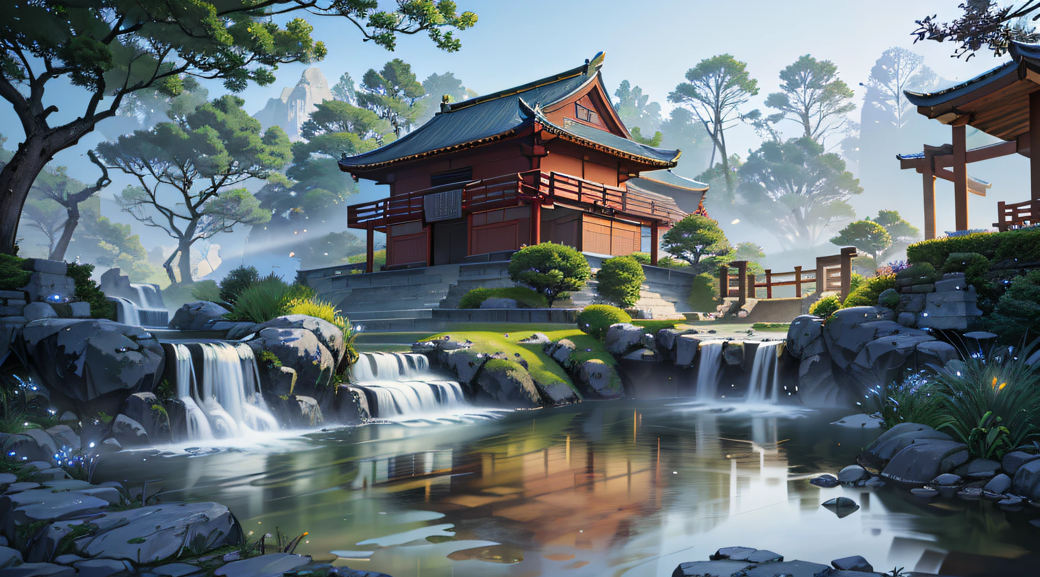 Ancient Chinese architecture, cool colors, dark night, moon, garden, bamboo, lake, stone bridge, rockery, arch, corner, tree, running water, landscape, outdoor, waterfall, grass, rock, dense fog, (Illustration: 1.0) , Epic Composition, HD Details, Masterpiece, Best Quality, (Very Detailed CG Unity 8k Wallpapers) --v 6