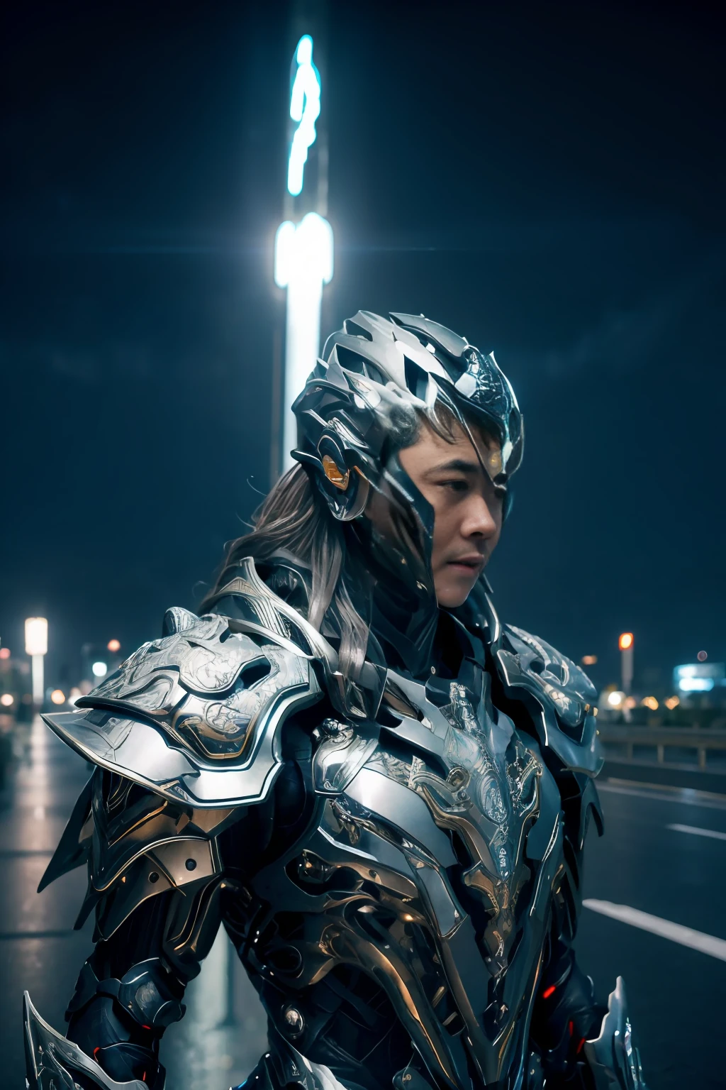 cinematic lighting,close-up,close-up,masterpiece, 1 Japanese boy, mtu,battle armor, Intricate pattern, heavy metal, Energy lines, Faceless, Glowing eyes, Long silver hair, The wind blows hair, elegant, Intense, Blood blue and black uniforms, Solo, modern, City, Streets, Dark clouds, thunderstorm, heavy rain,
Dramatic lighting,
(Masterpiece:1.2), Best quality, high resolution, Beautiful detailed, Extremely detailed, Perfect lighting,