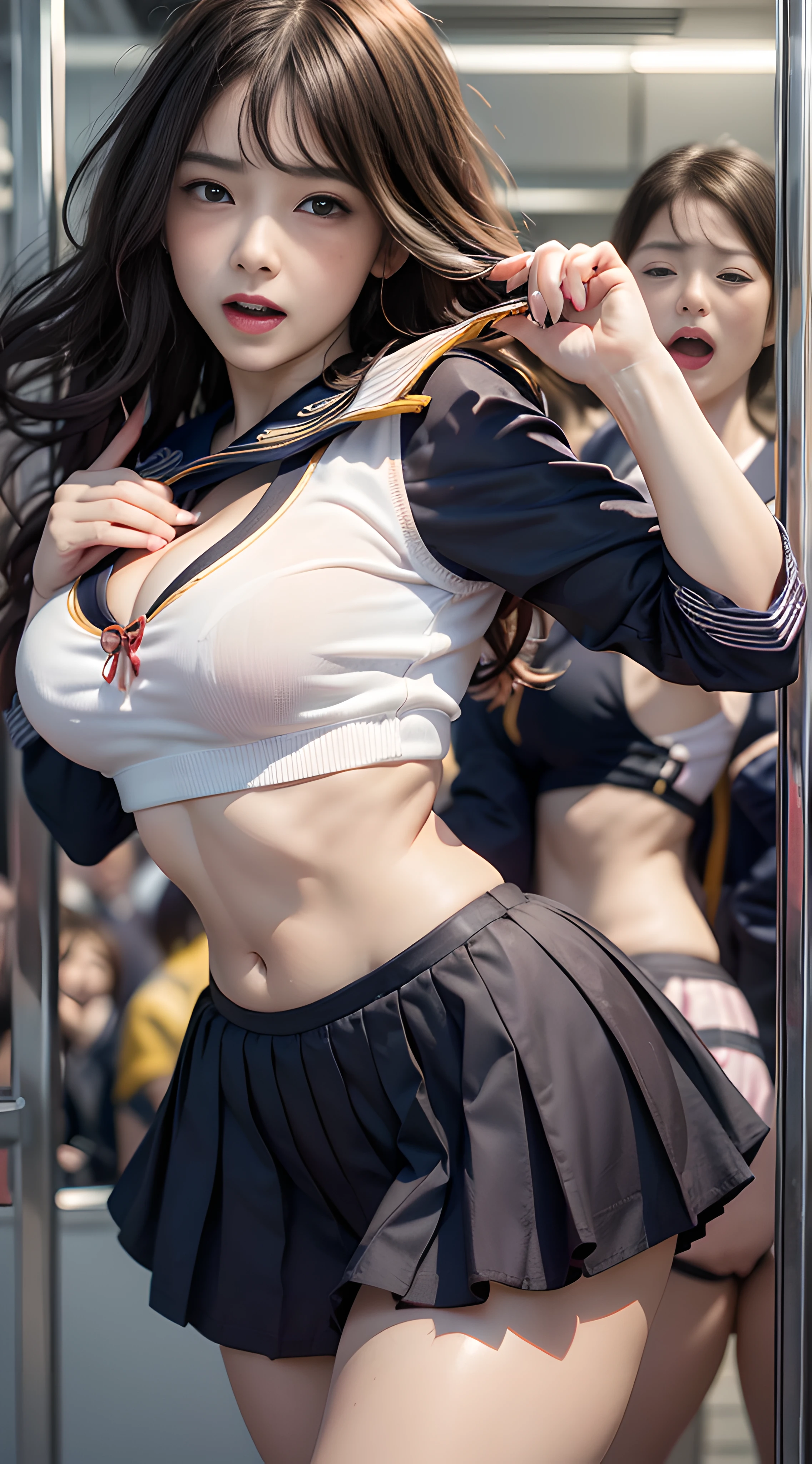 ((Realistic lighting、top-quality、8K、masterpiece:1.3))、Clear Focus:1.2、1girl in、Perfect figure:1.4、Slim abs:1.1、((dark brown hair))、(White crop top:1.4)、(outside of house、natta:1.1)、Street、Super fine face、Narrow-eyed、二重まぶた、Beautiful fece、Opened mouth:1.8、Staring at the camera with a refreshing smile、Two beautiful sisters who are most famous in the world、Constriction of the lower back、Beautiful legs、Taut skin、Highly detailed facial and skin texture、A detailed eye、thin cheeks、Healthy skin、(Layered hairstyle、dark brown hair)、(large exposed breasts)、((disheveled outfit and hair:1.2))、(Elegant Japan sailor suit:1.5)、 (Large breasts emphasis、Natural cleavage)、(In an incredibly crowded subway train))、frombelow、((Expression that blushes violently:1.8))、