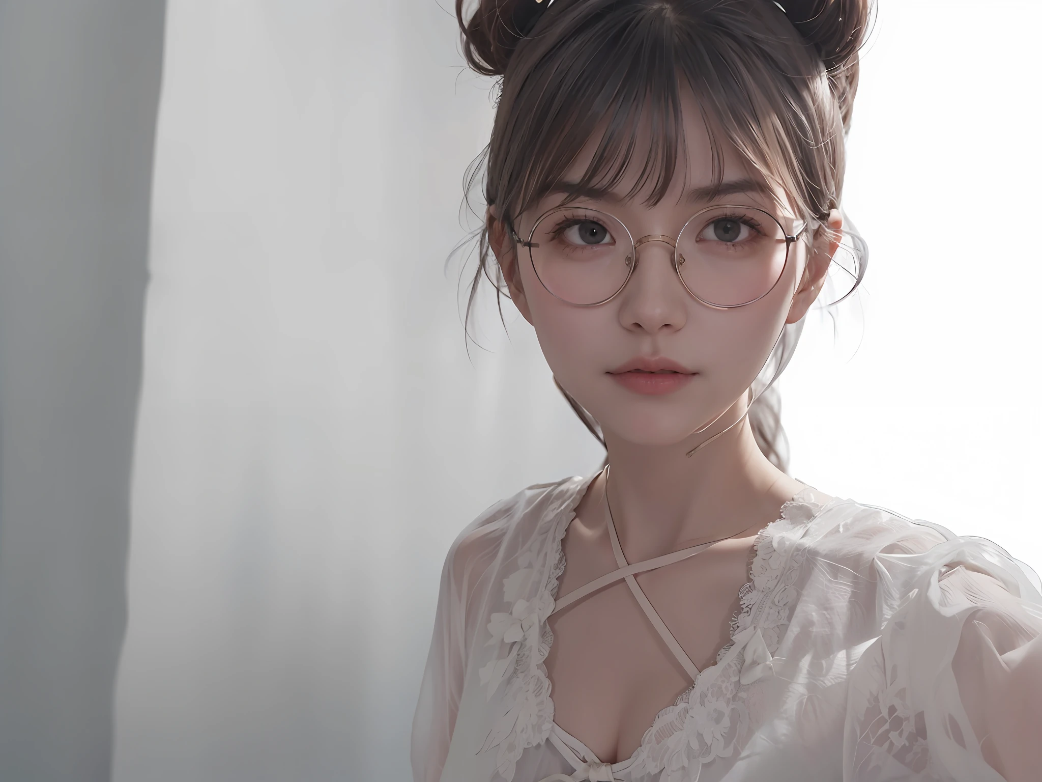 There is a woman wearing glasses and a white dress posing for a photo, wearing small round glasses, a girl with round glasses, wearing thin large round glasses, wearing round glasses, With glasses, she wears harry potter glasses, wears glasses, 8k selfie photograph, large round glasses, portrait shot 8 k, Soft portrait shot 8 K, wearing a white folkdrakt dress