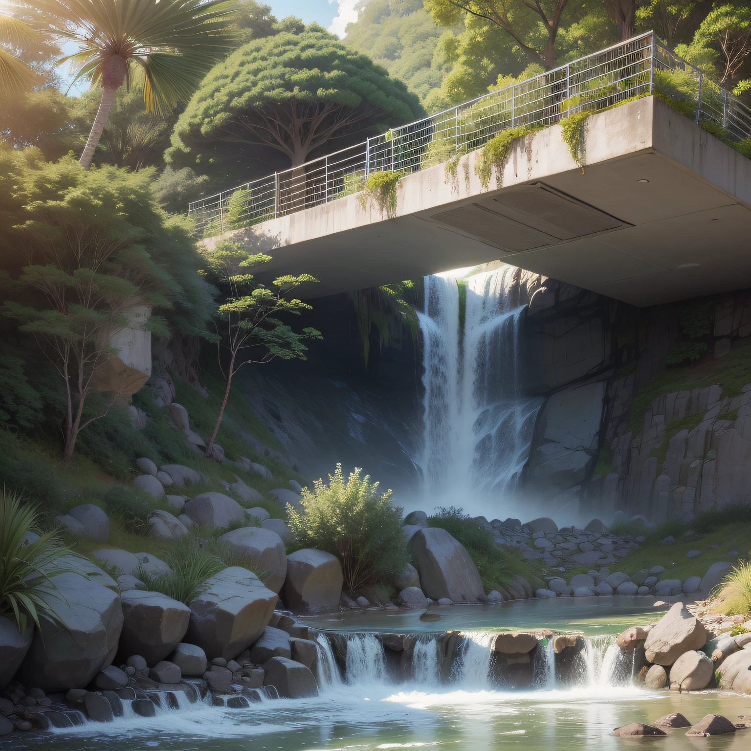 Uma cachoeira em frente a uma moderna casa de concreto branco na floresta tropical, ilha das Seichele, praia tropical, a digital rendering, Joao Salvador, por Maginel Wright Enright Barney, , Modernismo, provia, creative commons attribution, biomorphic