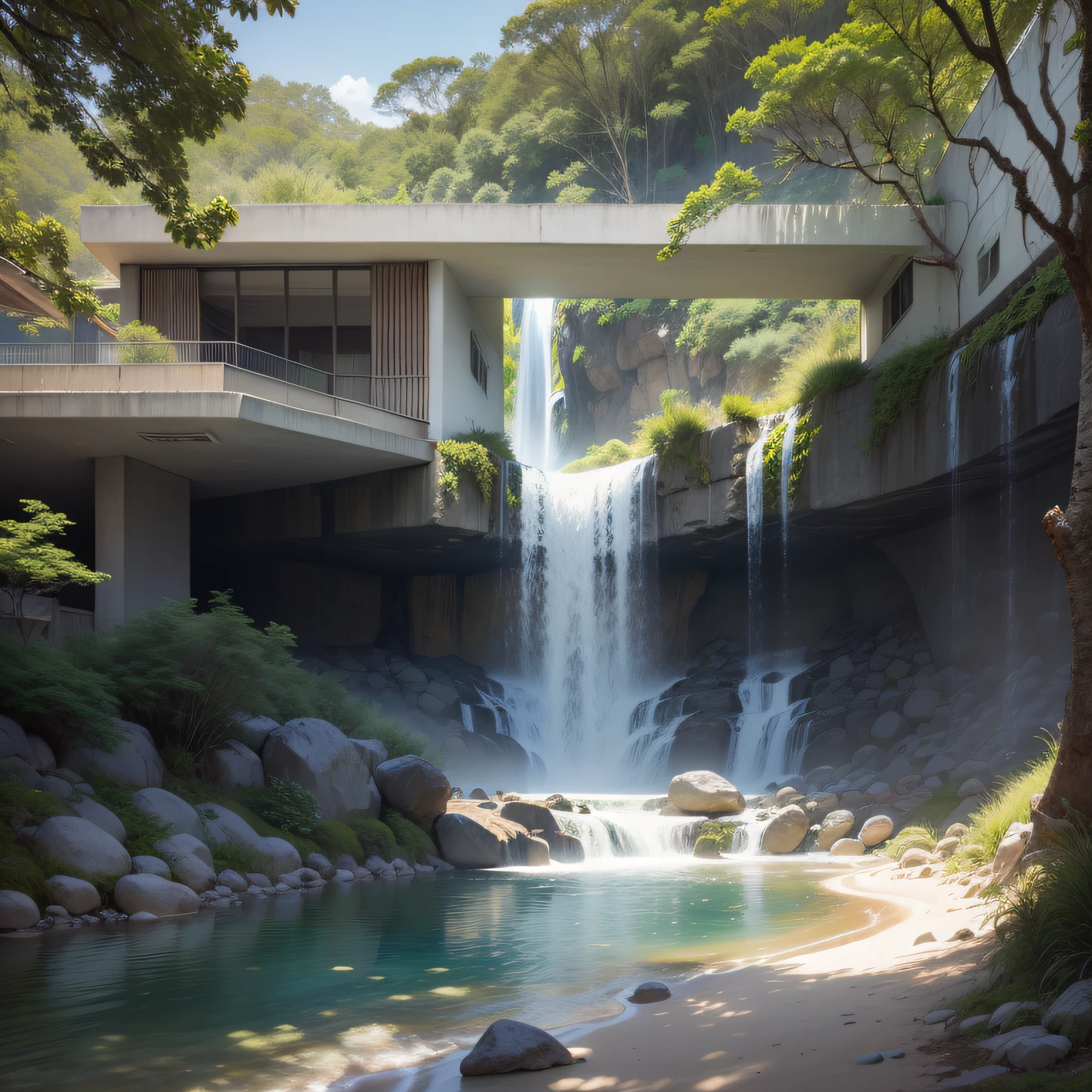 Uma cachoeira em frente a uma moderna casa de concreto branco na floresta tropical, ilha das Seichele, praia tropical, a digital rendering, Joao Salvador, por Maginel Wright Enright Barney, , Modernismo, provia, creative commons attribution, biomorphic