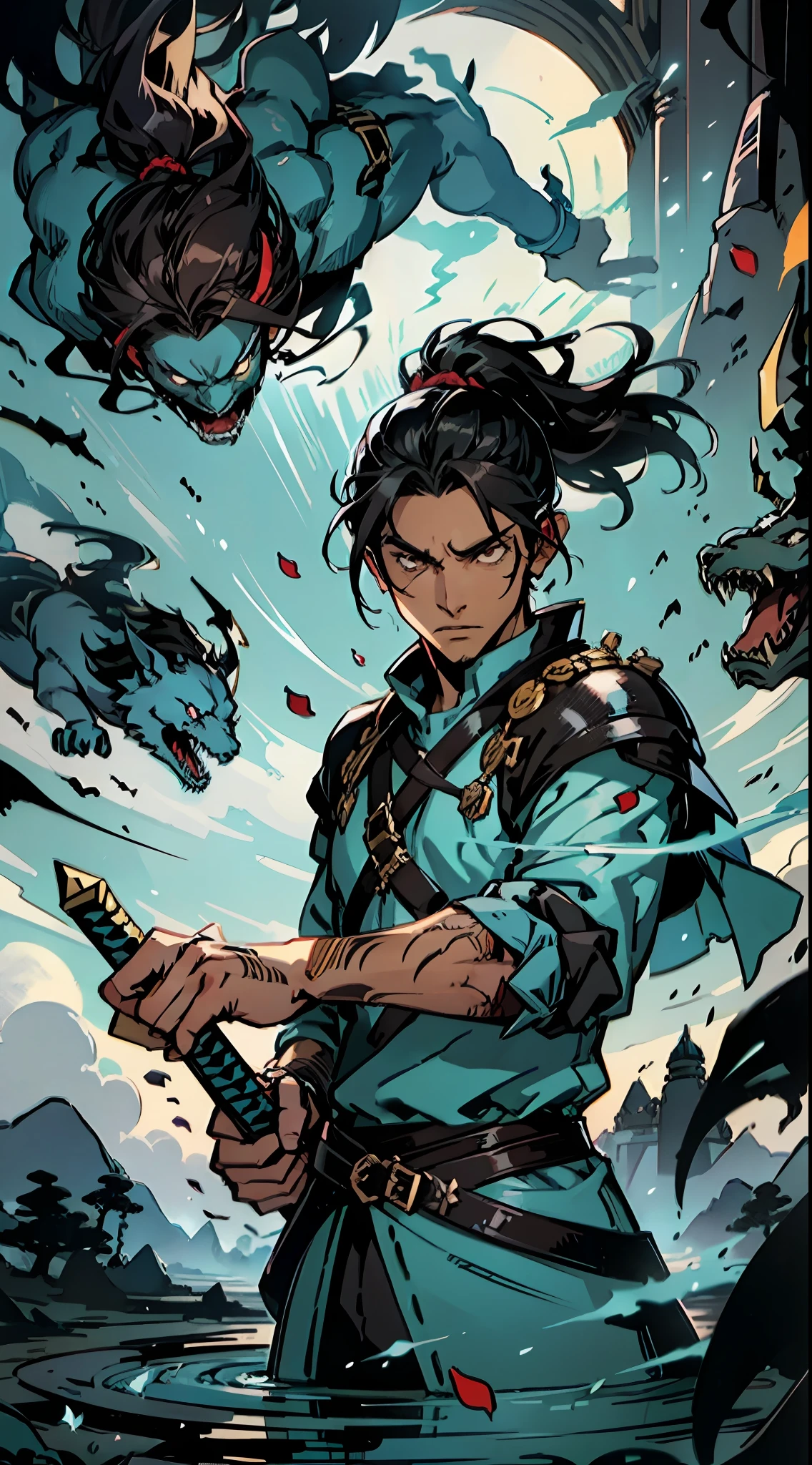 Create an anime-style illustration that depicts a powerful and intense battle scene. The main focus of the illustration should be Nestor, a young and arrogant 22-year-old character with black hair and brown eyes. Your long hair should be tied in a ponytail that reaches your back. Nestor must be dressed in medieval black clothing, adding to his intimidating presence. Nestor is to be portrayed in the midst of the action, showing off his exceptional fencing skills. He must be wielding two swords with precision and confidence, fighting his opponents. The swords should be ornate and visually striking, emphasizing their importance to Nestor's fighting style. Around Nestor, there must be white petals in motion, symbolizing his mastery over his unique ability. The petals should be dynamic, adding movement and energy to the illustration. The background can consist of a chaotic and dramatic setting, such as a ruined battlefield or a gloomy landscape, intensifying the intensity of the scene. Be sure to capture Nestor's determined and arrogant expression, reflecting his confidence in his abilities. Use vibrant colors, detailed strokes, and dynamic poses to highlight the action and intensity of the battle. The overall composition should emphasize Nestor's dominance and dexterity as he faces his opponents.