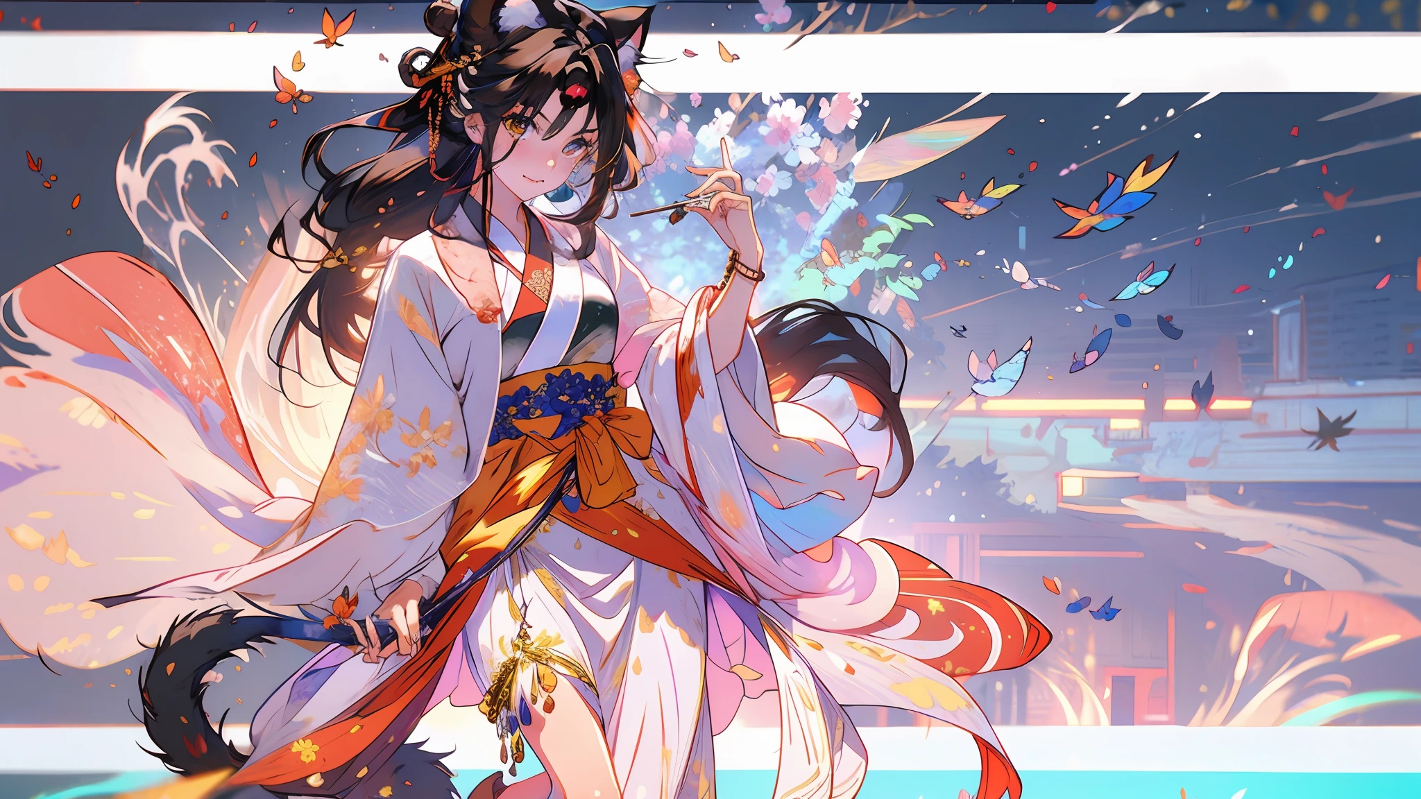 tmasterpiece，Need，Hanfu，Chinese costumes，1girll，Cat-cat anthropomorphism，brunette color hair，Cat ears，cat paws，a cat tail，butterflys，The barefoot，独奏，hair adornments，sitted，Hanfu，Hanfu，Anklets，leafs，the fruits，jewelry，White background，longer sleeves，simplebackground，food，grapes, full bodyesbian, single hair bun,, hair stick, Wide sleeves, hair-bun, ssmile, intersection, looking at viewert, long whitr hair, Keep your mouth shut, putting hand up, florals, Take the leaves, A piano
