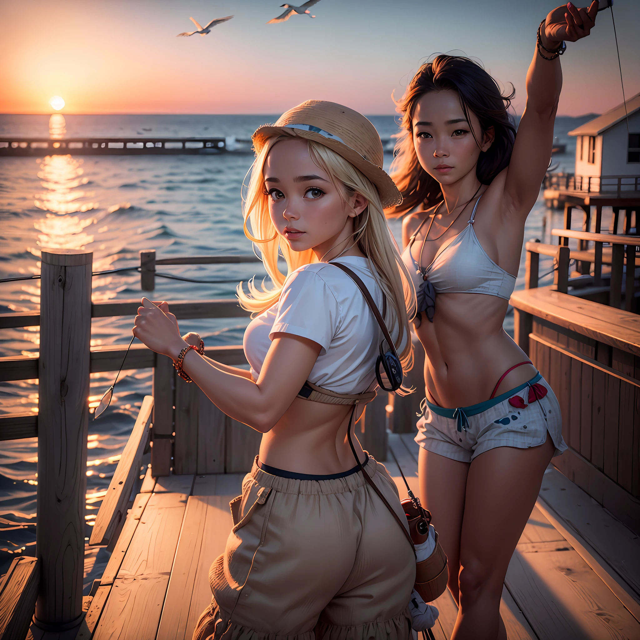 beautiful fishing fisherwoman in burlap underwear on the sea pier, yachts, sunset view, calm sea, seagulls, fishing nets hanging on the fence, high quality in Pixar style, depth of field, shot with Sony FE --auto