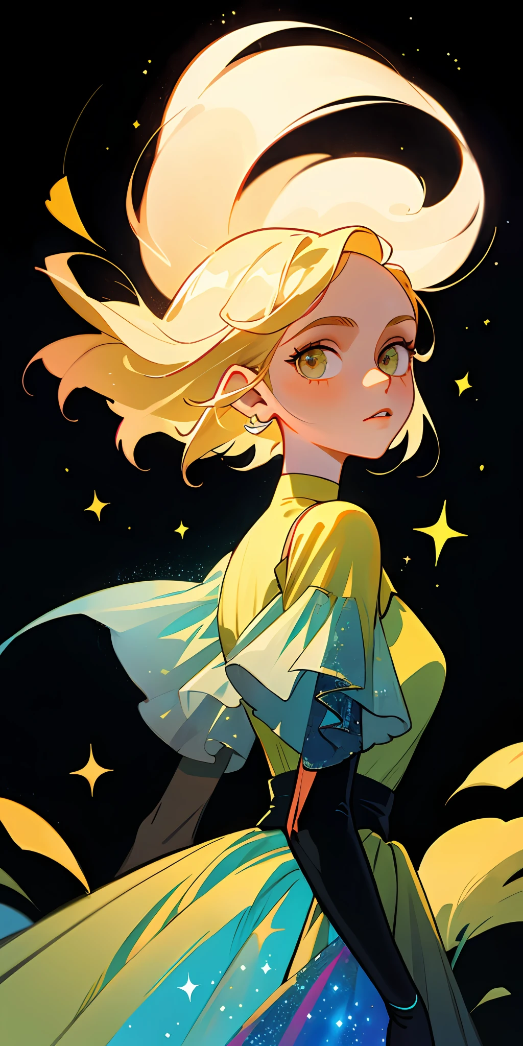 (best quality, masterpiece), 1girl, galaxy, glitter, dress, particle, wind, flower, upper body, dark simple background, looking at viewer, blonde,
