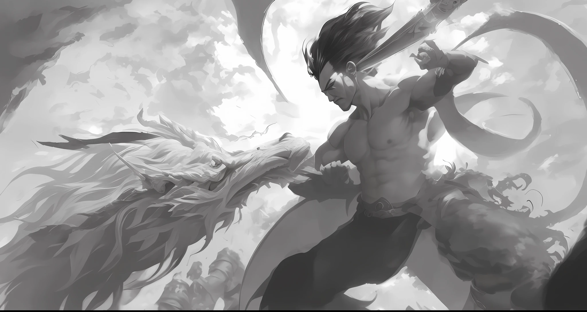 A black and white photo of a man with a sword and a demon, yiqiang and shurakrgt, ross tran and bayard wu, by Yang J, human and dragon fusion, inspired by Li Kan, wlop and ross thran, rob rey and kentaro miura style, By Shen Quan, jeff easley and ross tran, concept piece