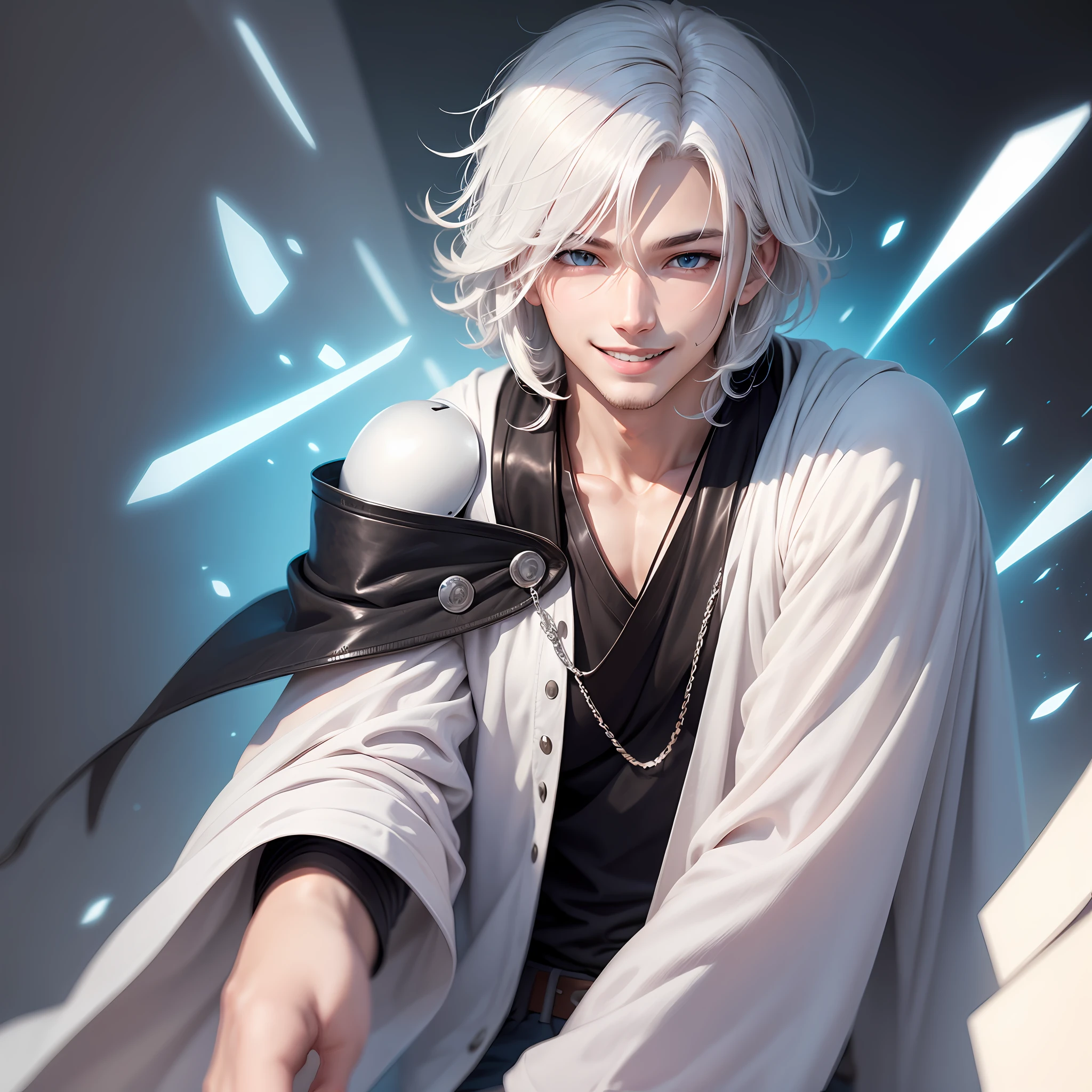 White and clean,Shoulder-length white hair,blue color eyes,Smiling,Anime man with light lips --auto