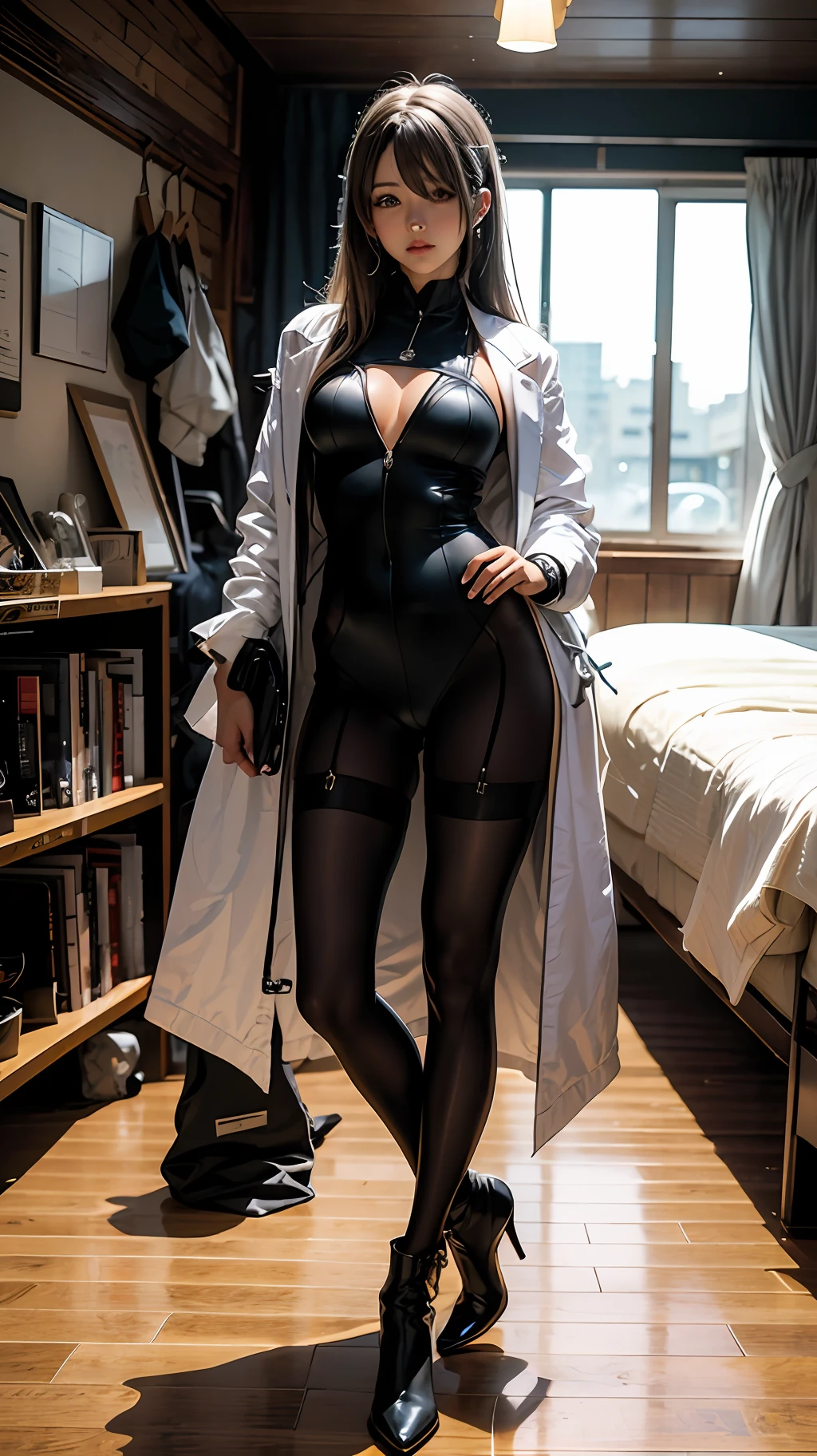 Long brown hair,animemanga girl,Silver suit,black pantyhoses,Silver boots,4k画质 --auto