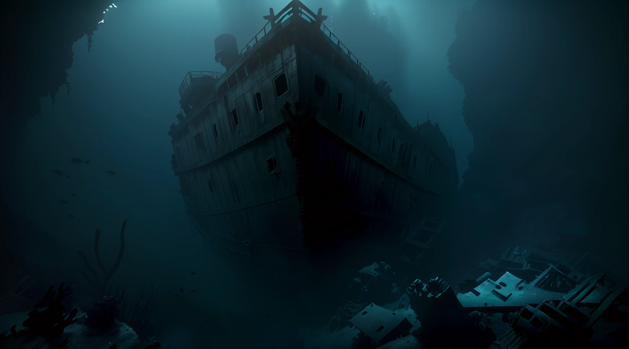 "((underwater depths)), very dark sea, ((creepy vibe)), murky water, ((shipwreck sight from afar)), sea cliff, ((ultra wide angle)), undersea flora and fauna, dramatic lighting"