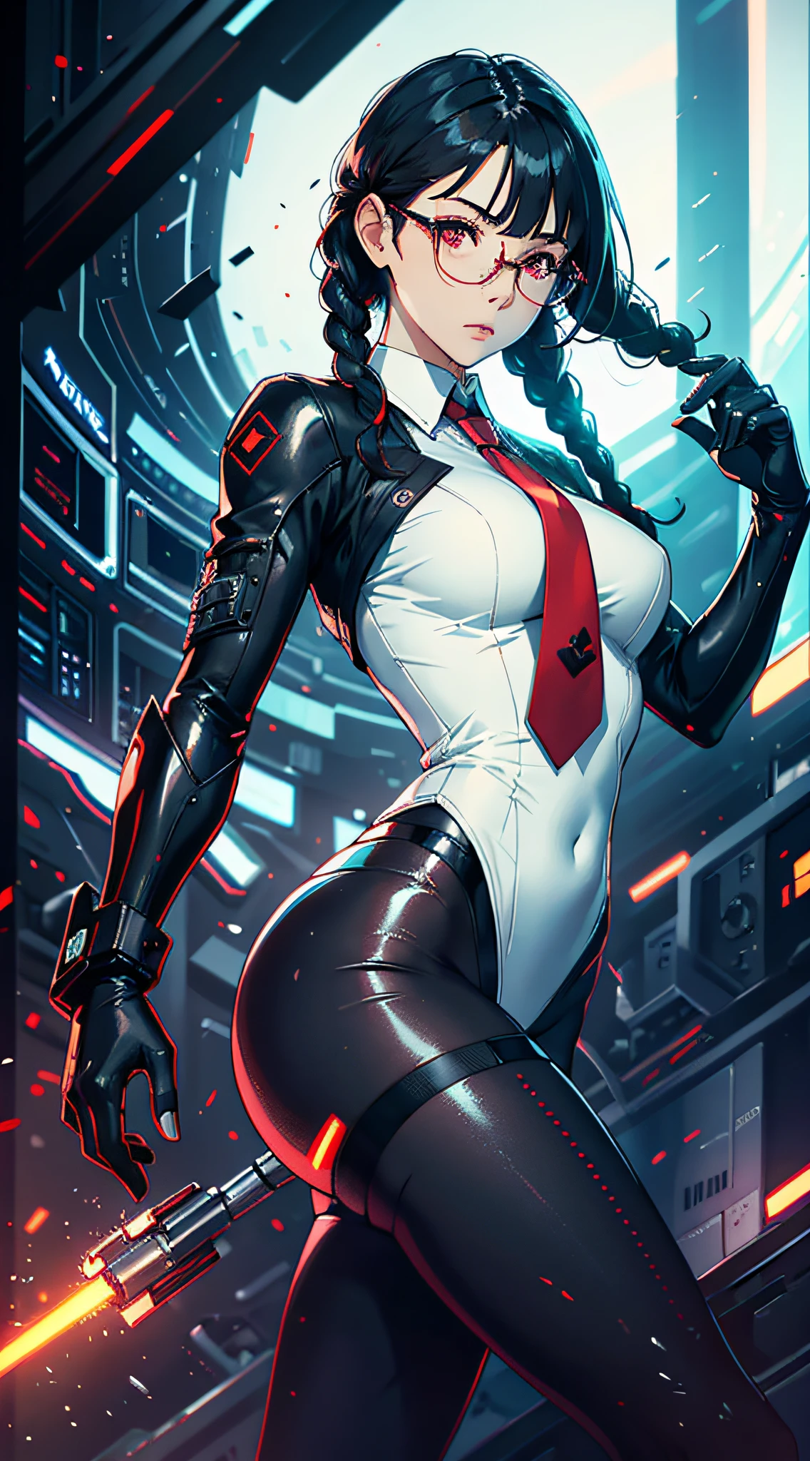 1girll,Black color hair,Twist braids,Qi bangs,red pupils,Round glasses,beauitful face,crisp breasts,Convex buttocks,in a white shirt,red necktie,Black suit,White heels,There are floating missile-launching weapons on the sides of the body,sci-fy,cyber punk perssonage,perfectly proportioned, Cinematic lighting, filmgrain, Fuji colors, lightand shade contrast, 8K, 巨作, Textured skin, Super detail, high detal, High quality, A high resolution,
