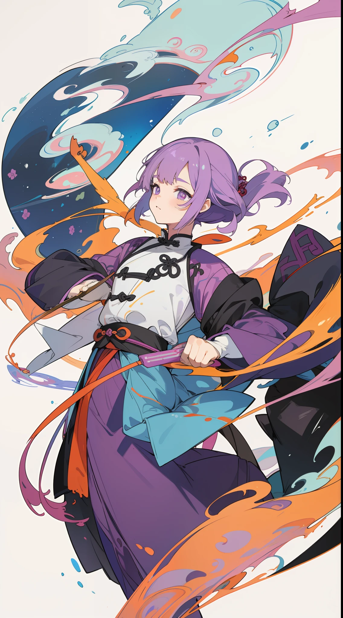 1girll,独奏,looking at viewert,Purple pupils,Purple Chinese clothing,ink spatter,The hand is in the sleeve,Kungfu,Floating water,the space,simple backgound,No missing hands,(tmasterpiece,Best quality at best,VerydetailedCG,Complicated details:1.2),(((Very Chinese color ink)))),((Very detailed ink background)),((flatcolors)),{{ink spatter}},。
