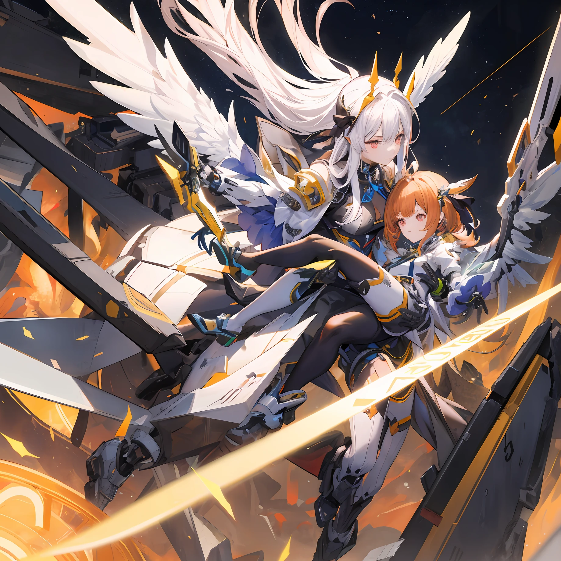 A combat Mechanical Hime made in mechanical and nanotechnology,Holding a high-tech Tang knife,Carrying a wing-like flying vehicle on his back,