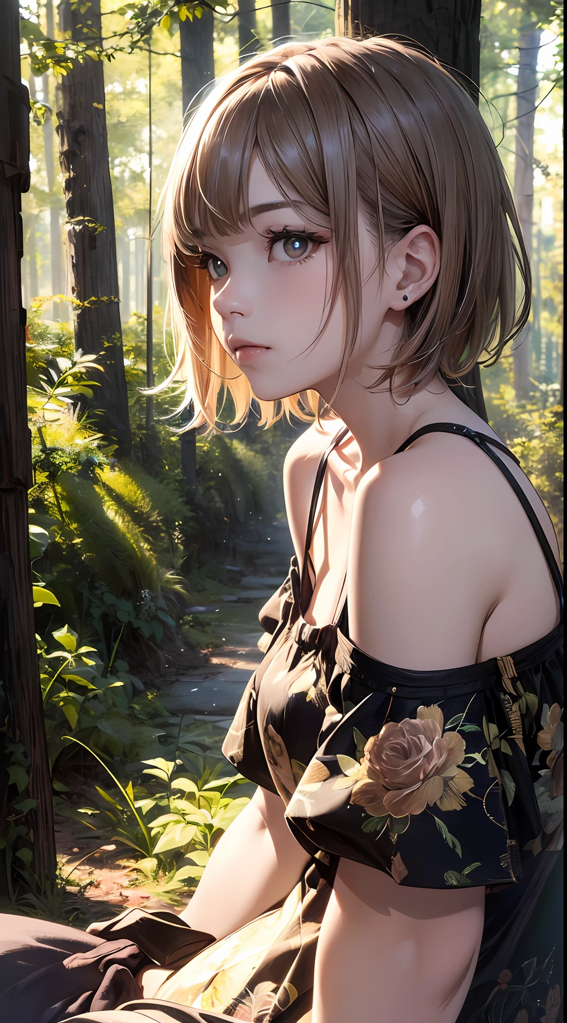 girl with, (((shorth hair))), sitting on, sideshot, (Skysky:1.3), (​masterpiece, top-quality, Near and far law, depth of fields:1.5), florals, the woods, beautiful countenance, thighs thighs thighs thighs, frombelow, 8k, Raw foto, absurderes, Impresionismo, HDR, Photorealsitic, film grains, chromatic abberation, hight resolution, ultra-detailliert, finely detail, 动态照明, Dramatic lighting、shadowy、Sharp focus、extremely detailed eye and face、Sharp pupils、Realistic pupils