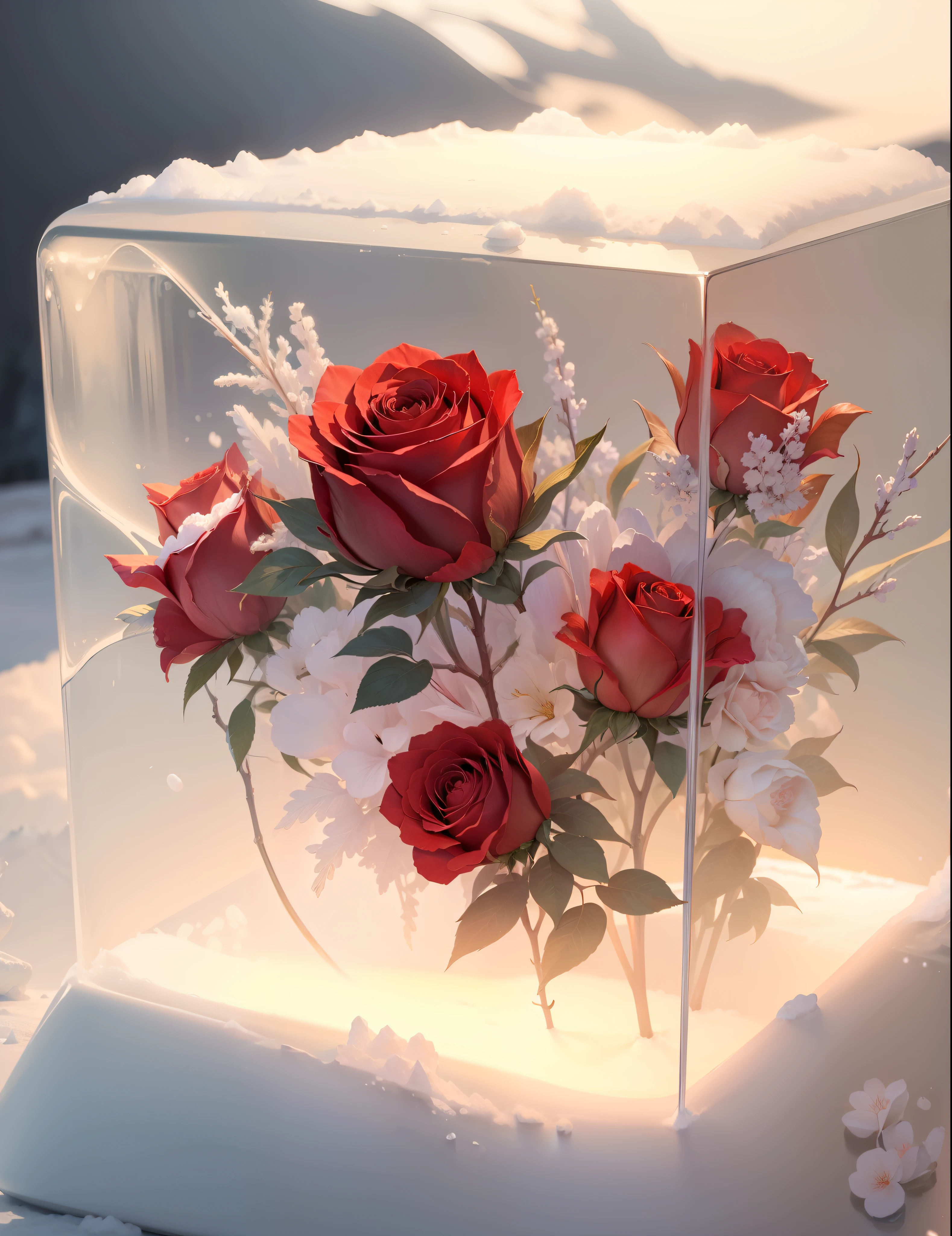 offcial art，统一 8k 壁纸，ultra - detailed，Beauty and aesthetics，big breasts beautiful，tmasterpiece，Best quality at best，The color is bright，Roses frozen in ice，Best quality，romanticism lain --auto