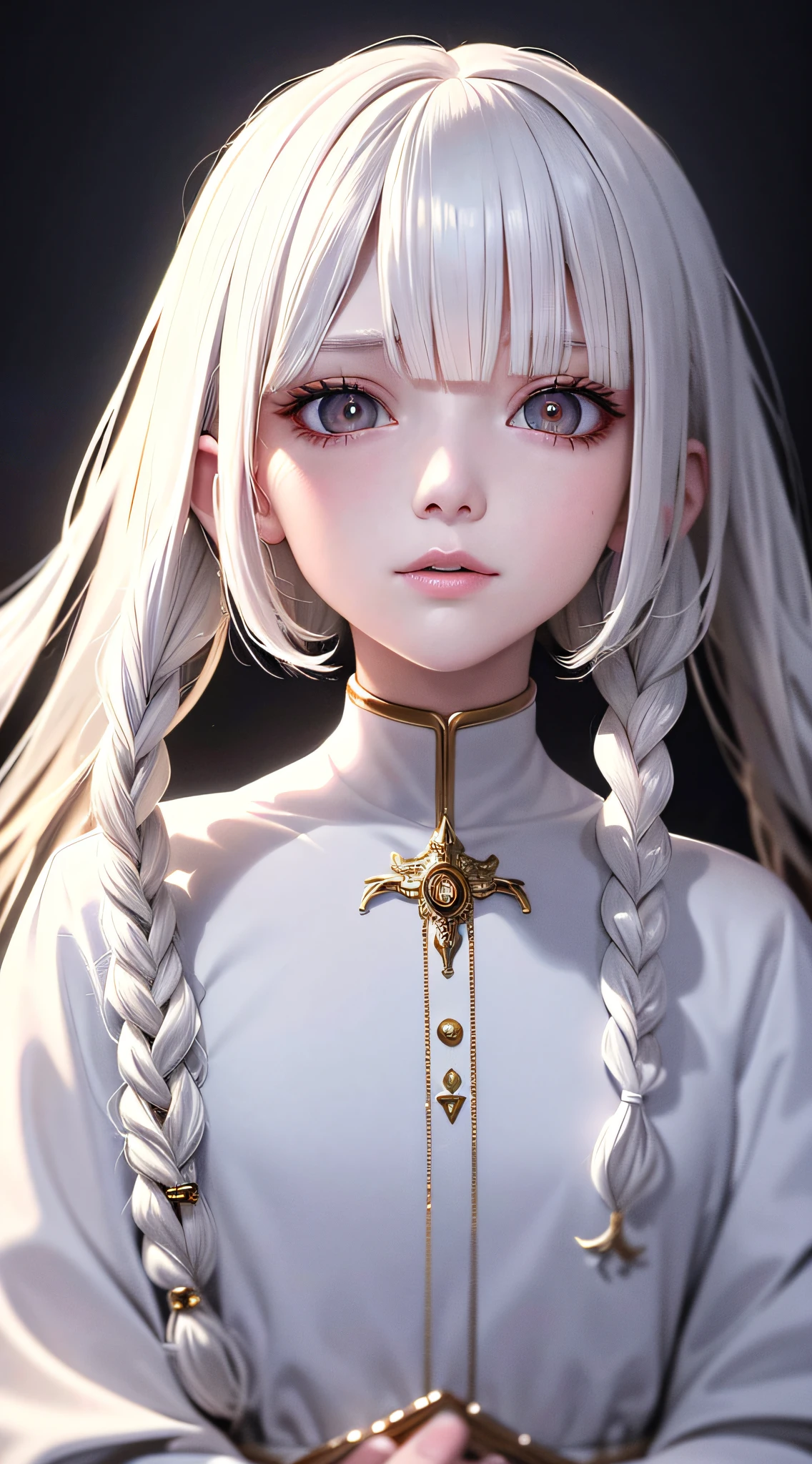 best quality, masterpiece,white hair, gold eyes,white clothes, looking up, upper body,hair strand,Fair skin,side braids
