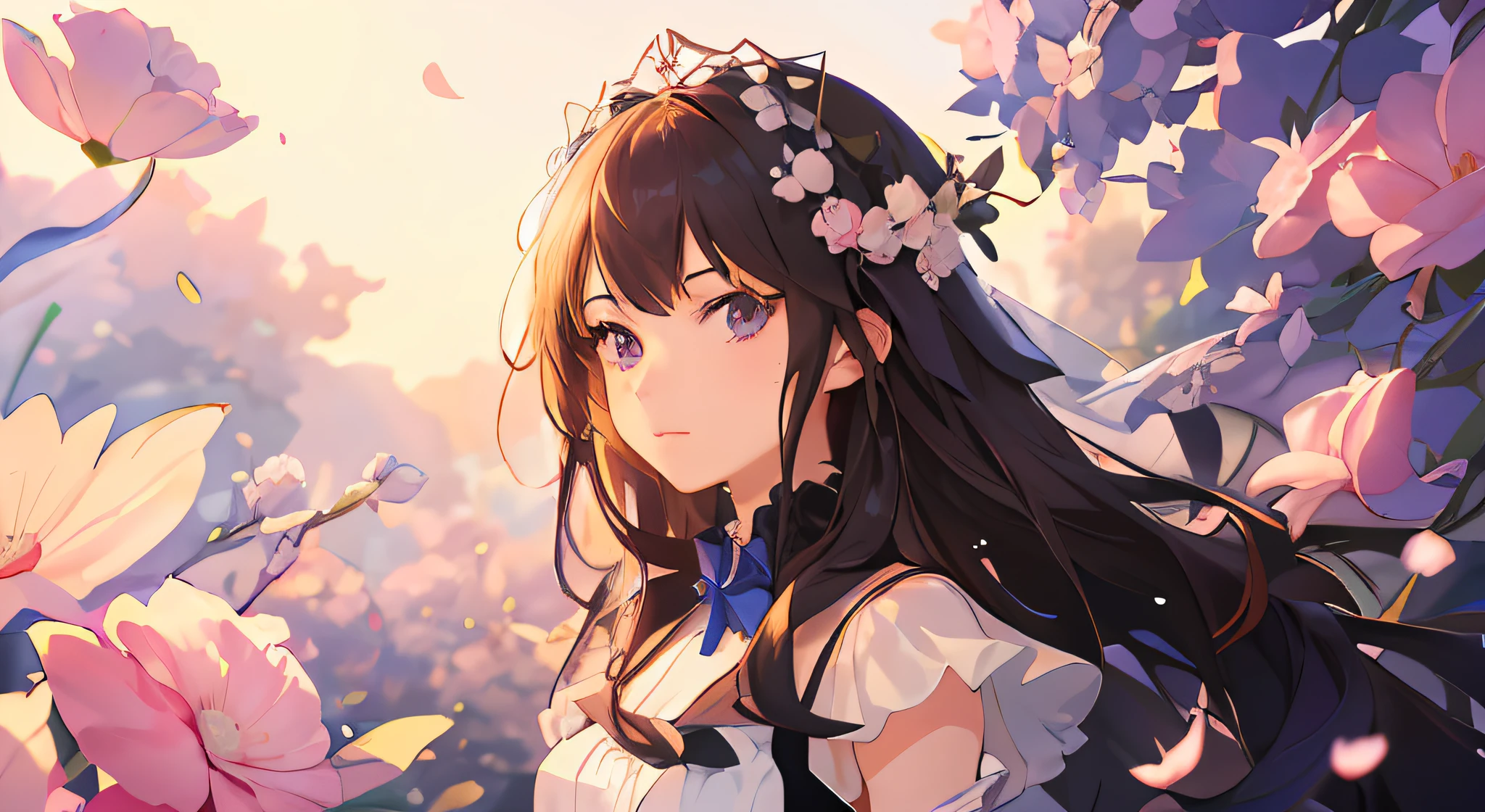 A long hair，Girl with a flower in her hair, a beautiful anime portrait, Guviz-style artwork, Beautiful anime girl, Stunning anime face portrait, detailed portrait of an anime girl, Detailed digital anime art, Guviz, Beautiful anime style, Beautiful anime, Digital anime art, Cute anime girl portrait, Beautiful anime face, portrait anime girl