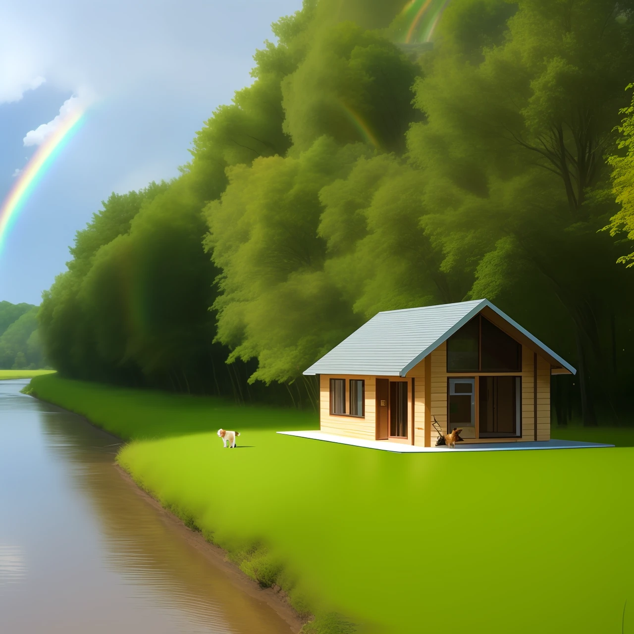 A house，A river，one tree，a dog，rainbowing