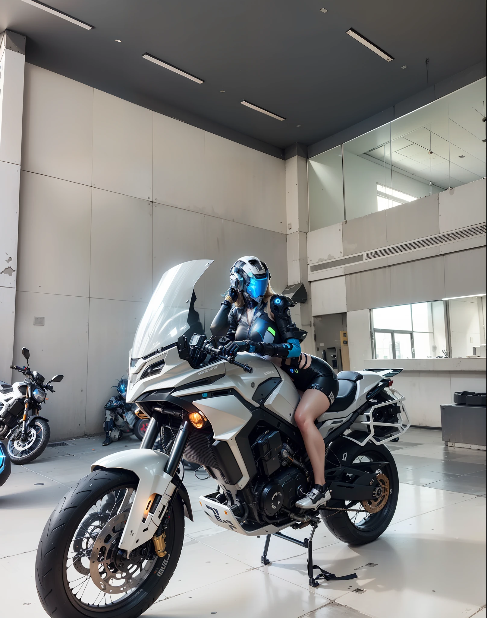 Sexy Cyber Warrior,Long flowing blonde hair,White cyberpunk high-tech mech costume,White cyberpunk faceless helmet,Biomechanicals, MSHN Robot Woman,High-tech helmet,hyper realisitc, Steel, Complex design, insanely details, finely detailled, Extremely clear lines, cinmatic lighting, photograph realistic, A detailed masterpiece