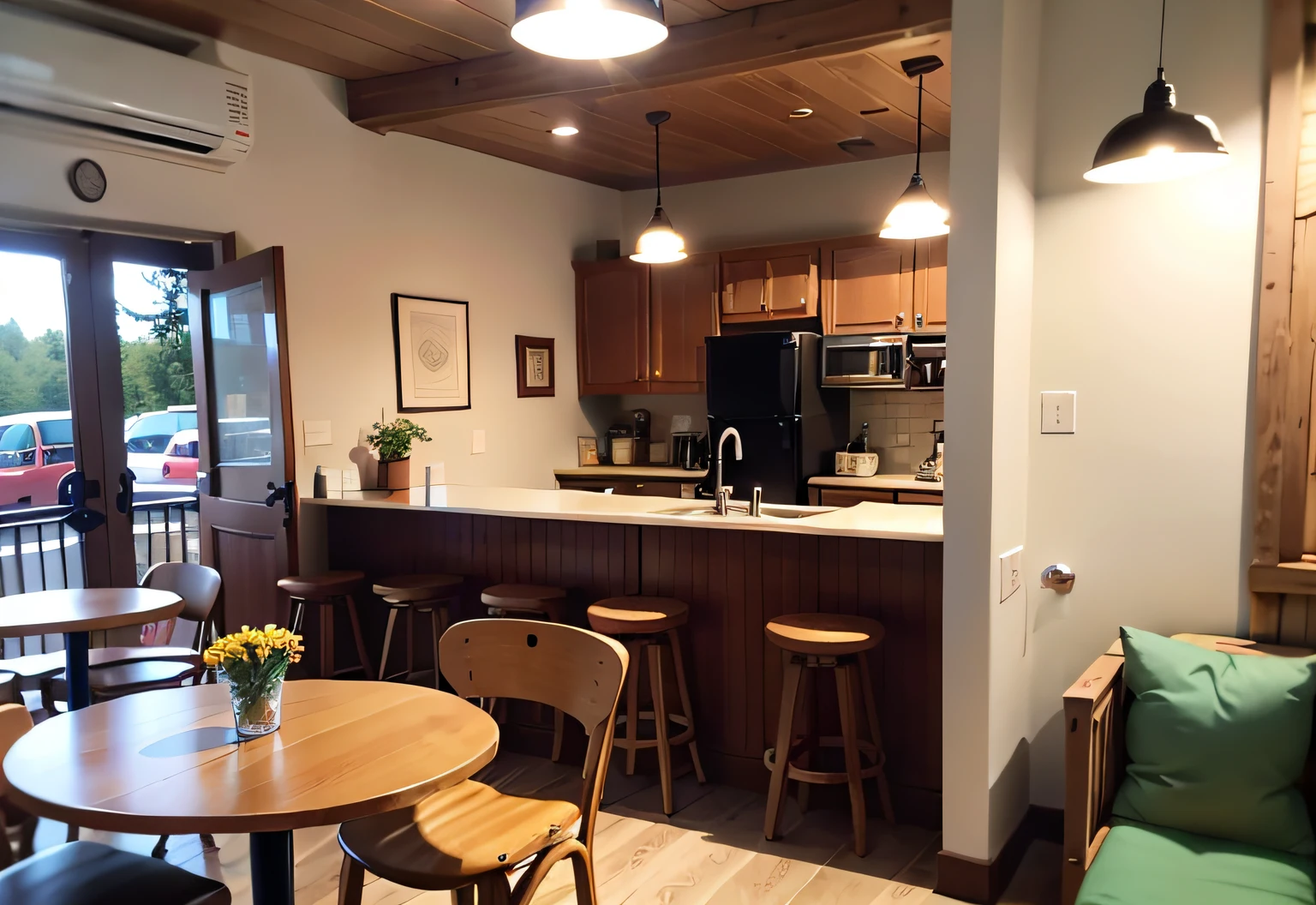 ((actual)), A small café style, full of comfortable furniture and warm lighting, open space, There are pets in the café, Many tables and chairs, Dispensing counter