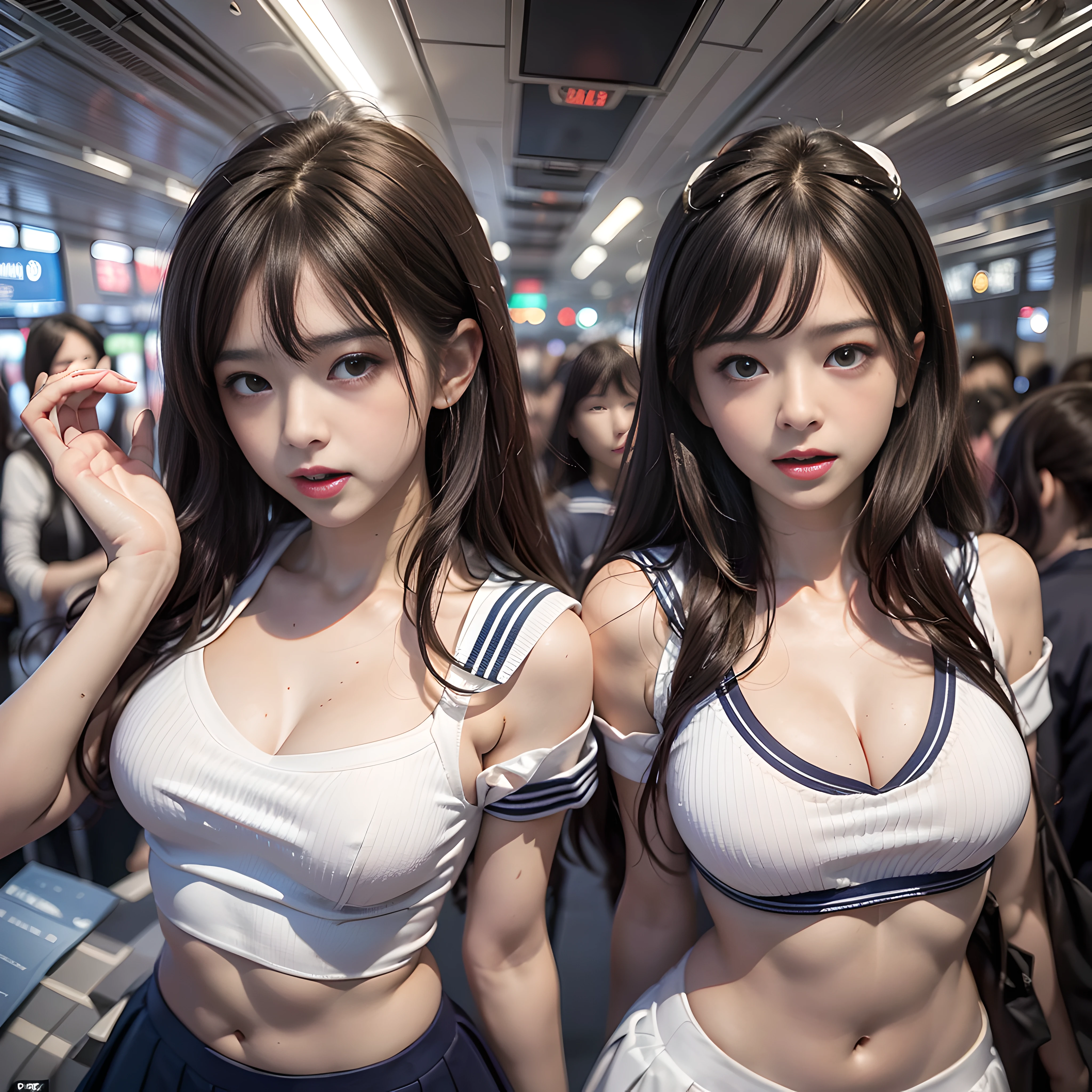 ((Realistic lighting、top-quality、8K、masterpiece:1.3))、Clear Focus:1.2、1girl in、Perfect figure:1.4、Slim abs:1.1、((dark brown hair))、(White crop top:1.4)、(outside of house、natta:1.1)、Street、Super fine face、Narrow-eyed、二重まぶた、Beautiful fece、Opened mouth:1.8、Staring at the camera with a refreshing smile、Two beautiful sisters who are most famous in the world、Constriction of the lower back、Beautiful legs、Taut skin、Highly detailed facial and skin texture、A detailed eye、thin cheeks、Healthy skin、(Layered hairstyle、dark brown hair)、(exposed breast)、((disheveled outfit and hair:1.2))、(Elegant Japan sailor suit:1.5)、 (Natural Breast、Natural cleavage)、(in an incredibly crowded airplane))、frombelow、((Expression that blushes violently:1.8))、