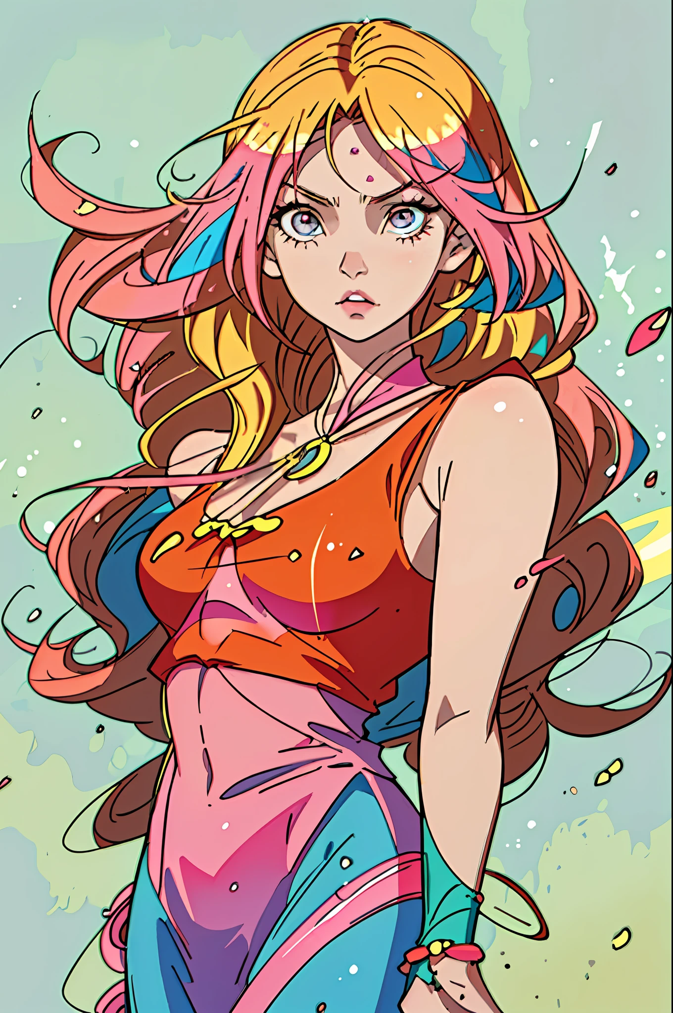 an anime cartoon of a woman with long blue hair with orange and pink splashes over her swimsuit, 1girl, sozinho, Cabelos Longos, olhos fechados, jewelries, brincos, corar, cabelos multicoloridos, bareshoulders, blonde hair, cabelos muito longos, vestido vermelho, sorrir