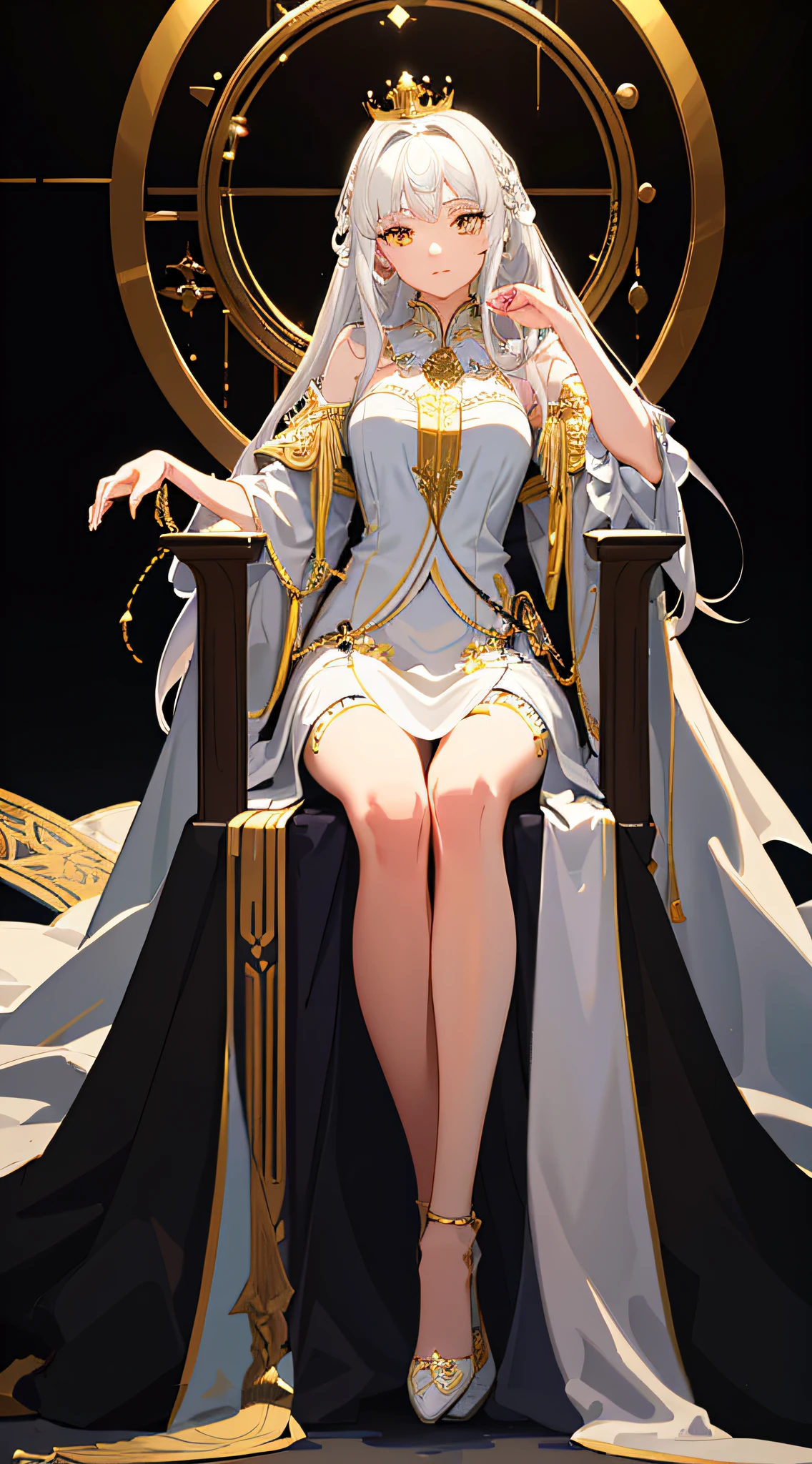 (Masterpiece:1.2), best quality, (illustration:1.2), (ultra-detailed), hyper details, (delicate detailed), (intricate details), (cinematic light, best quality Backlights), clear line, from below, soloist, perfect body, (1girl), white hair and yellow eyes, (emperor, black see-through clothes), (crown: 1.1), sitting on the throne, eyes slightly closed, head down, (shy: 1.2 ), (makeup), high contrast, (best illumination, an extremely create and beautiful), (cinematic light), colorful,