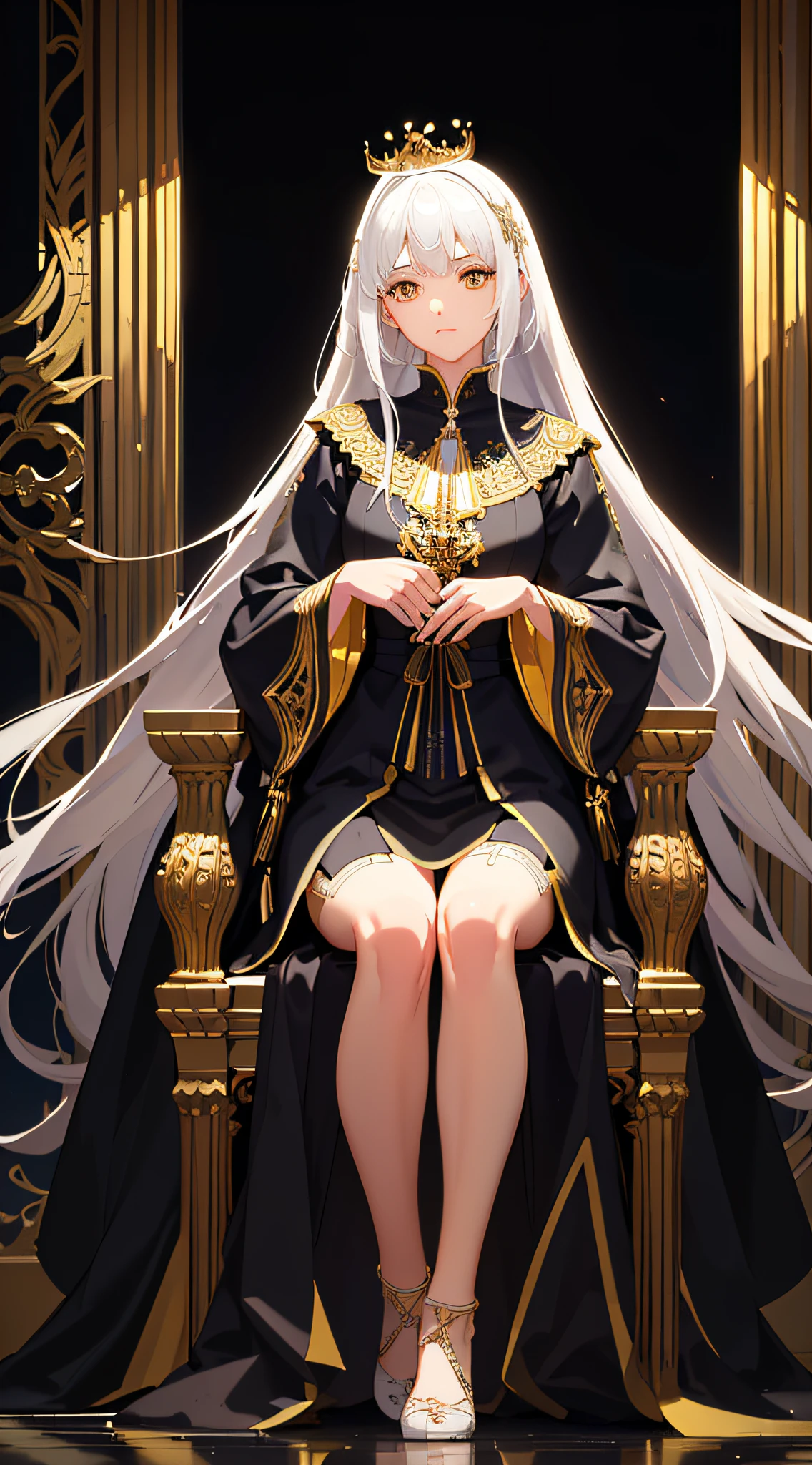 (Masterpiece:1.2), best quality, (illustration:1.2), (ultra-detailed), hyper details, (delicate detailed), (intricate details), (cinematic light, best quality Backlights), clear line, from below, soloist, perfect body, (1girl), white hair and yellow eyes, (emperor, black see-through clothes), (crown: 1.1), sitting on the throne, eyes slightly closed, head down, (shy: 1.2 ), (makeup), high contrast, (best illumination, an extremely create and beautiful), (cinematic light), colorful,