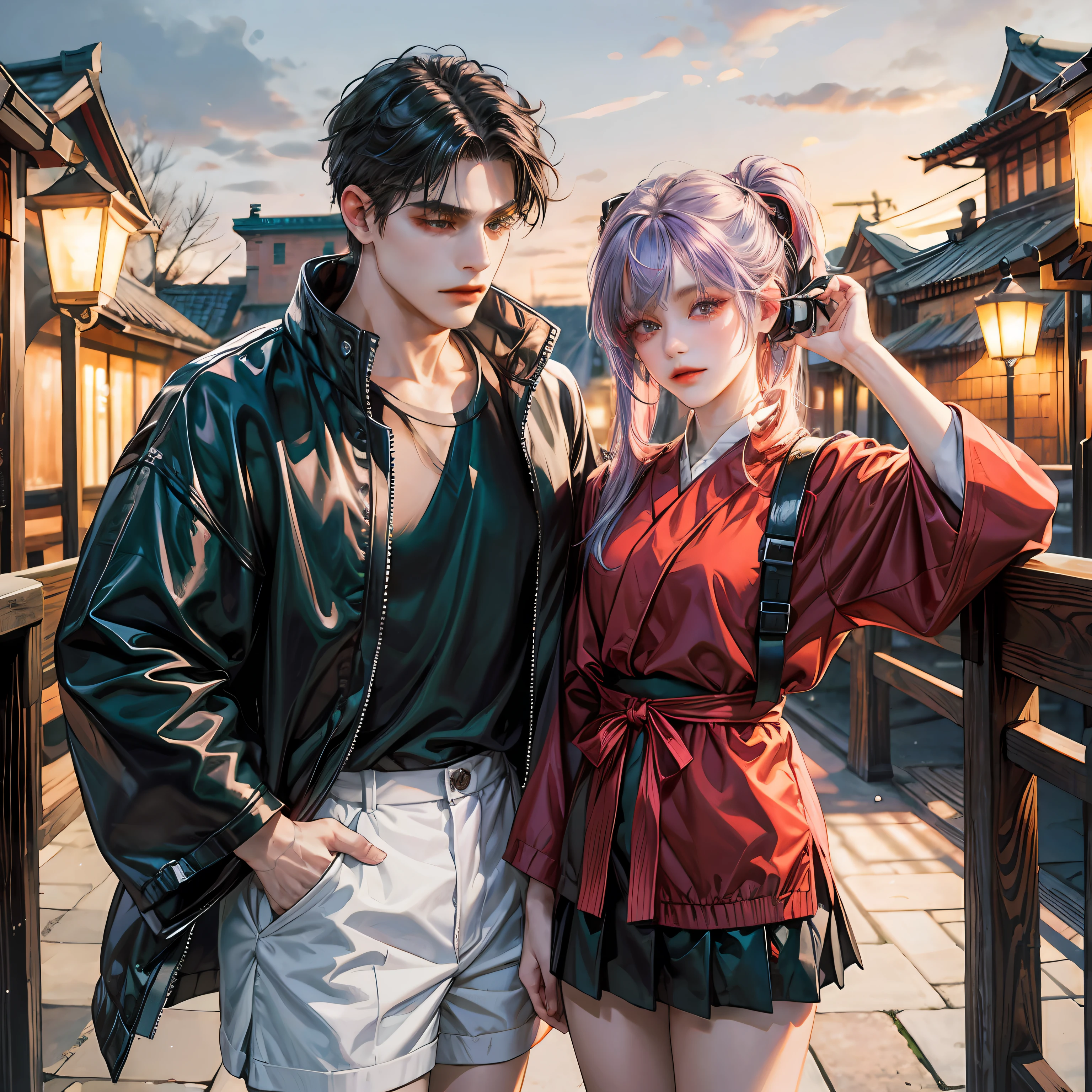 masterpiece, top-quality, hight resolution, 1girl, split-colored hair, Hair above one eye, red hairs, O cabelo multicolorido, length hair, a purple eye, two tone hair, hair rings, robe blanche, headphones, White hair, a black ribbon, bangss, Very long hair, medium chest, Long sleeve, Open jacket, oversize clothes, is standing, a street, cowboy shot, Panchira