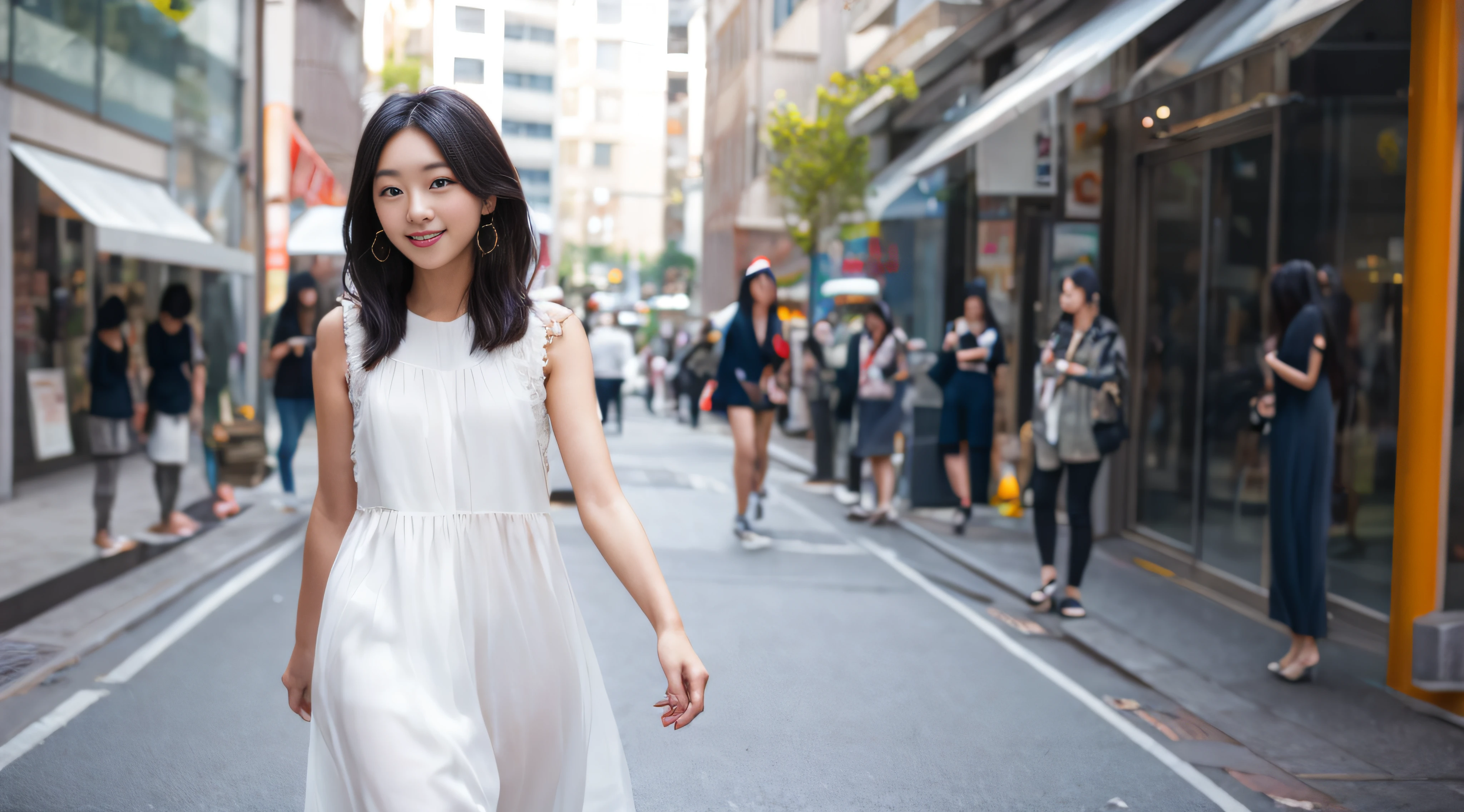 Walking down the street was a woman in a white dress, shot with canon eoa 6 d mark ii, Gorgeous young Korean woman, beautiful Korean women, korean women's fashion model, Beautiful young Korean woman, posing in an urban street, shot in canon 50mm f/1.2, fashion shoot 8k, shot on nikon z9