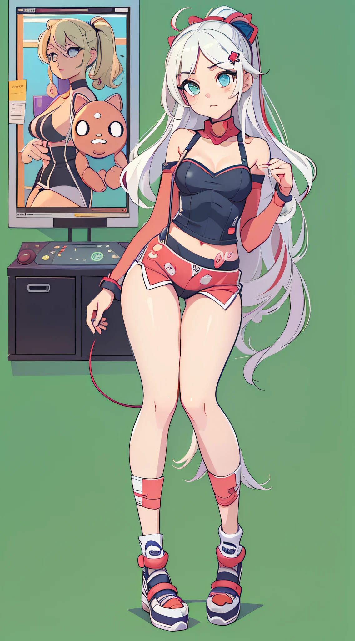 ((Masterpiece)), best quality, absurderes, ultra detailed, super beautiful girl with beautiful eyes, beautiful multicolored white hair, high ponytail, nice and sexy body, wearing tight boxers with cute drawings and a strapless crop top with an anime drawing, beautiful hair ornament, full body, sexy pose, flirting with viewer, in a bedroom with a video game console and cute plushies